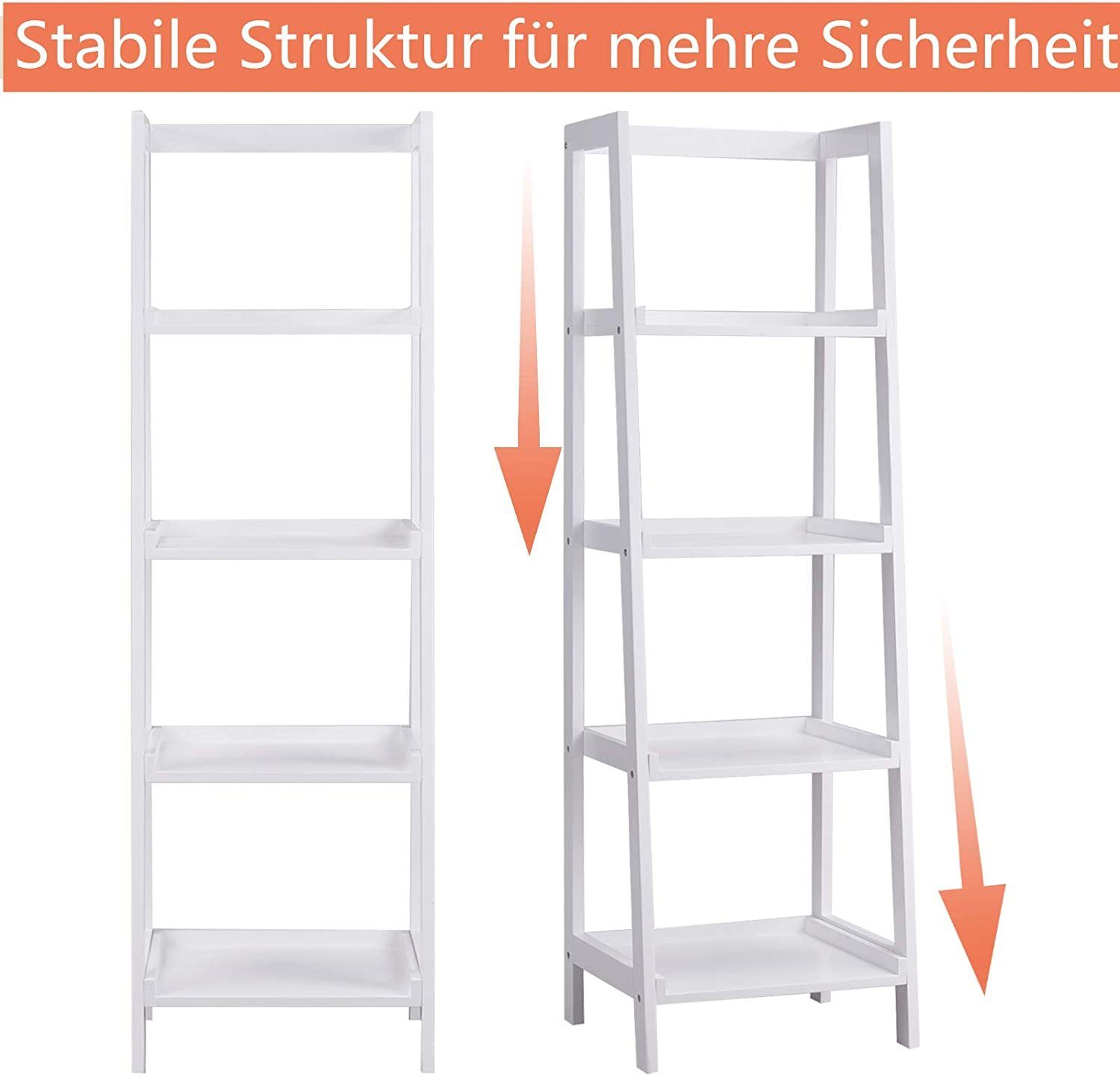 Kippsicherung, COSTWAY weiß 4 Ebenen, Standregal 44,5x38x140cm, Bücherregal,