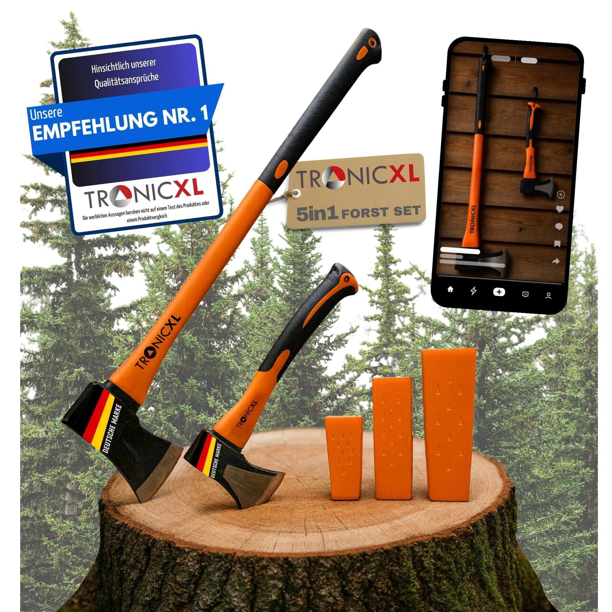 TronicXL Spaltaxt Spaltaxt Set für Holz Forst Axt Beil Keile Spaltbeil Fällaxt Brennholz, 88 cm Длина, (Äxte Set, 5-St., Разделение осей), Profi Spaltaxt Forstbedarf Camping Outdoor Feuerholz