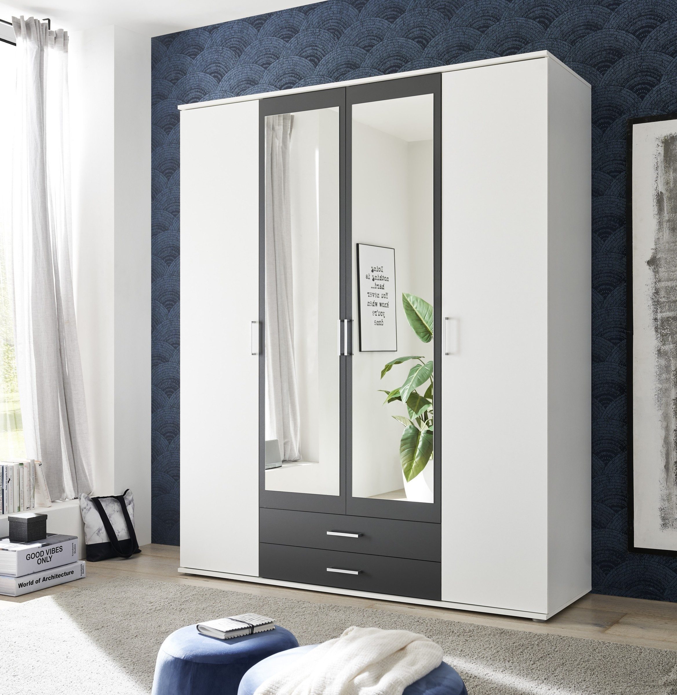 möbelando Kleiderschrank Hanau (BxHxT: 160x196x54 cm) in Weiß / Graphit mit günstig online kaufen