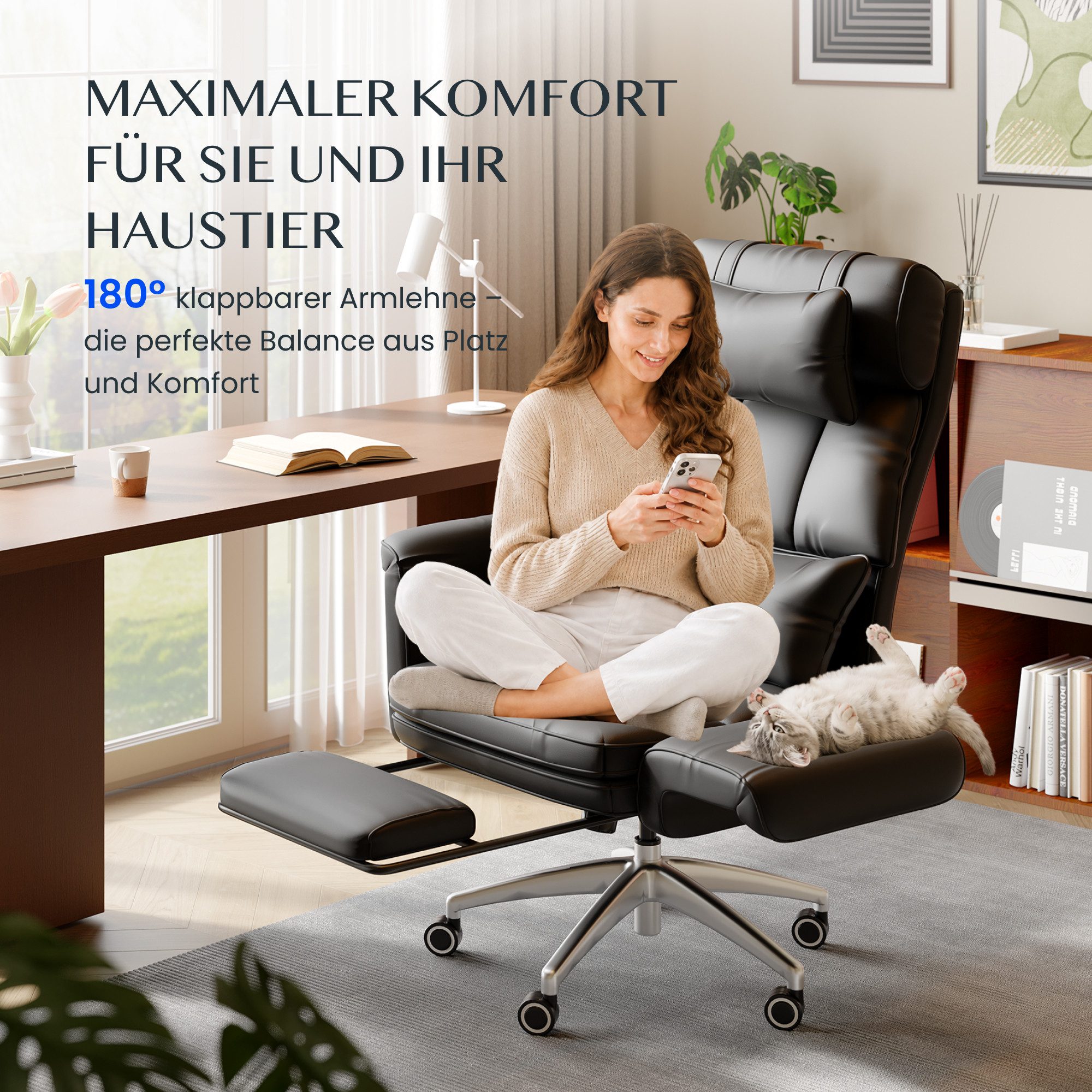 FLEXISPOT Stuhl Haustierfreundlicher Bürostuhl Chefsessel mit 180° Klapparmlehnen (Erweiterbare Sitzfläche bis 112 cm, kratzfestem Katzenkrallenleder, Fußstütze – Bild 3 von 5