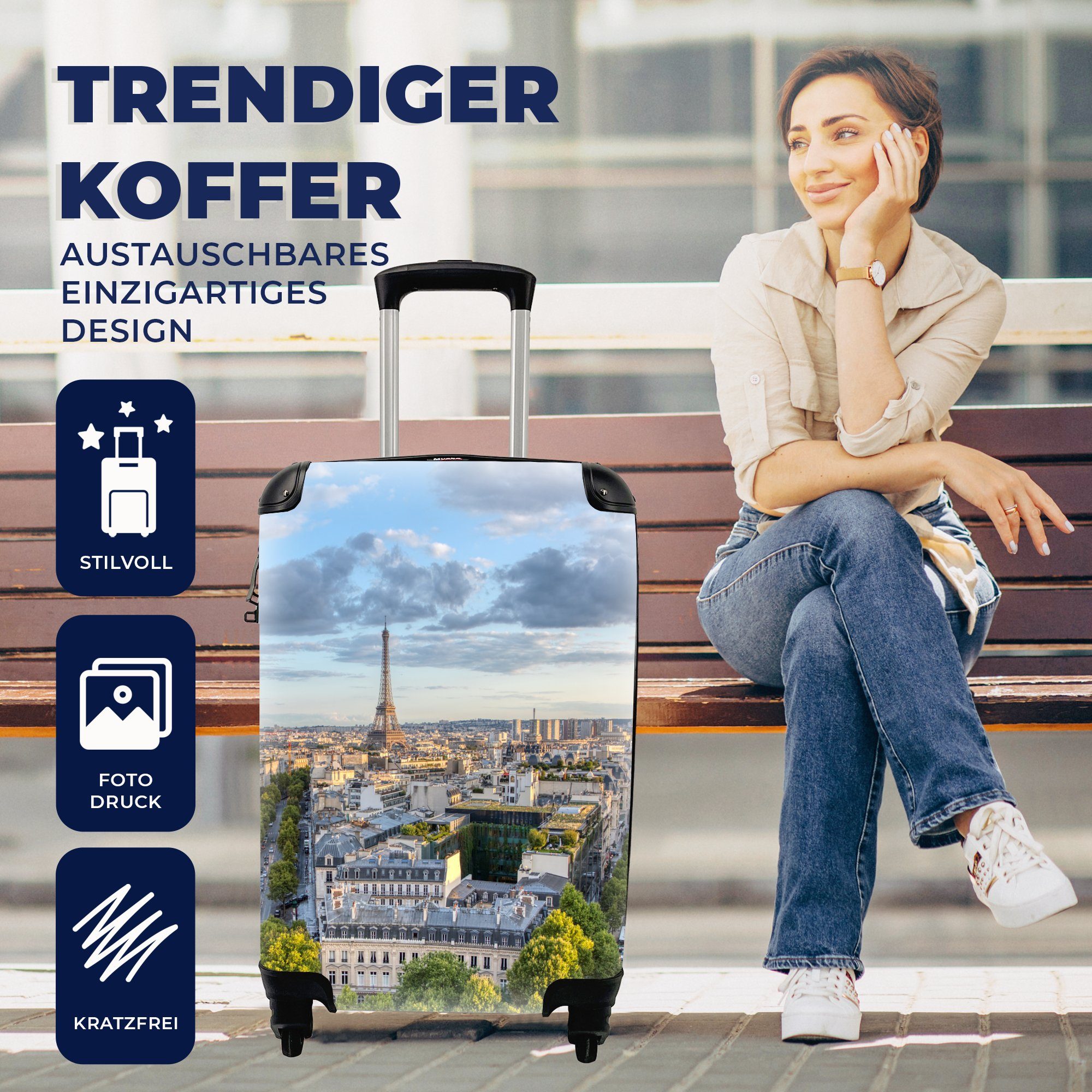 Reisetasche mit Reisekoffer 4 - Handgepäck für Eiffelturm Rollen, Trolley, rollen, MuchoWow Ferien, Paris Handgepäckkoffer Skyline, -