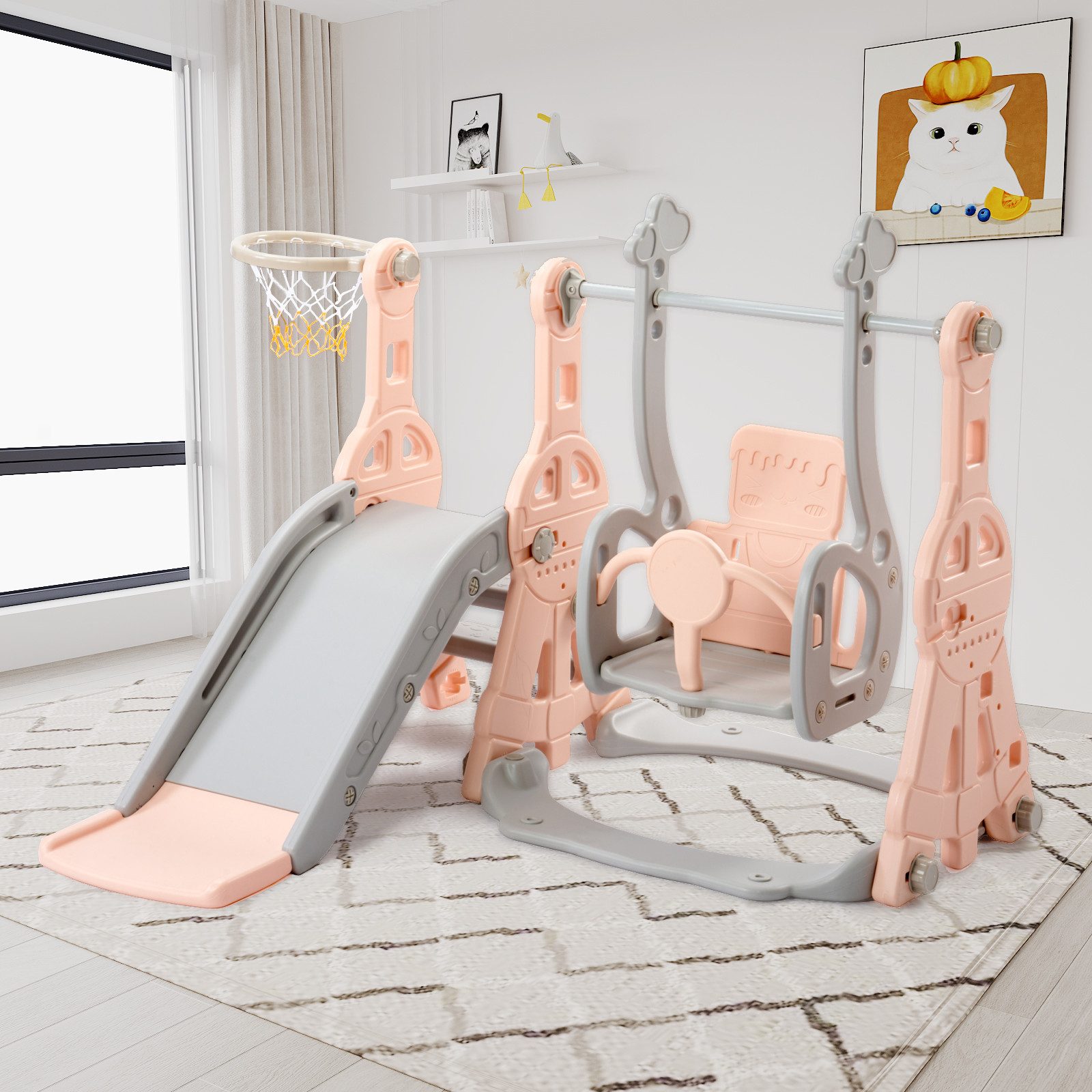 SEEZSSA Rutsche 4-in-1 Kinder Fun-Slide mit Basketballkorb,Kinderrutsche,Gartenrutsche, Kleinkinderrutsche für 1-3 Jahre, Indoor & Outdoor Rutschbahn Rosa