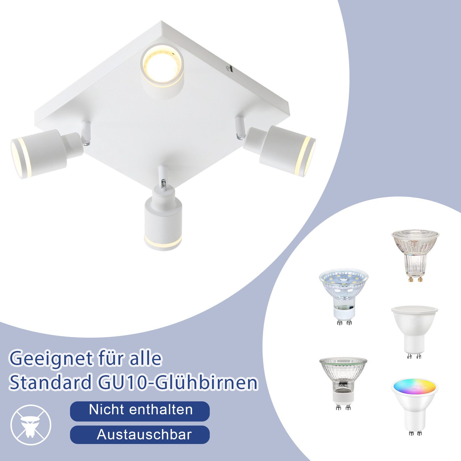 ZMH Deckenstrahler 4 Flammig Schwenkbar Deckenleuchte Küchenlampe für Büro Schlafzimmer, Einfache Installation, ohne Leuchtmittel, GU10 Drehbar 180° Deckenlampe Strahler für Büro Schlafzimmer
