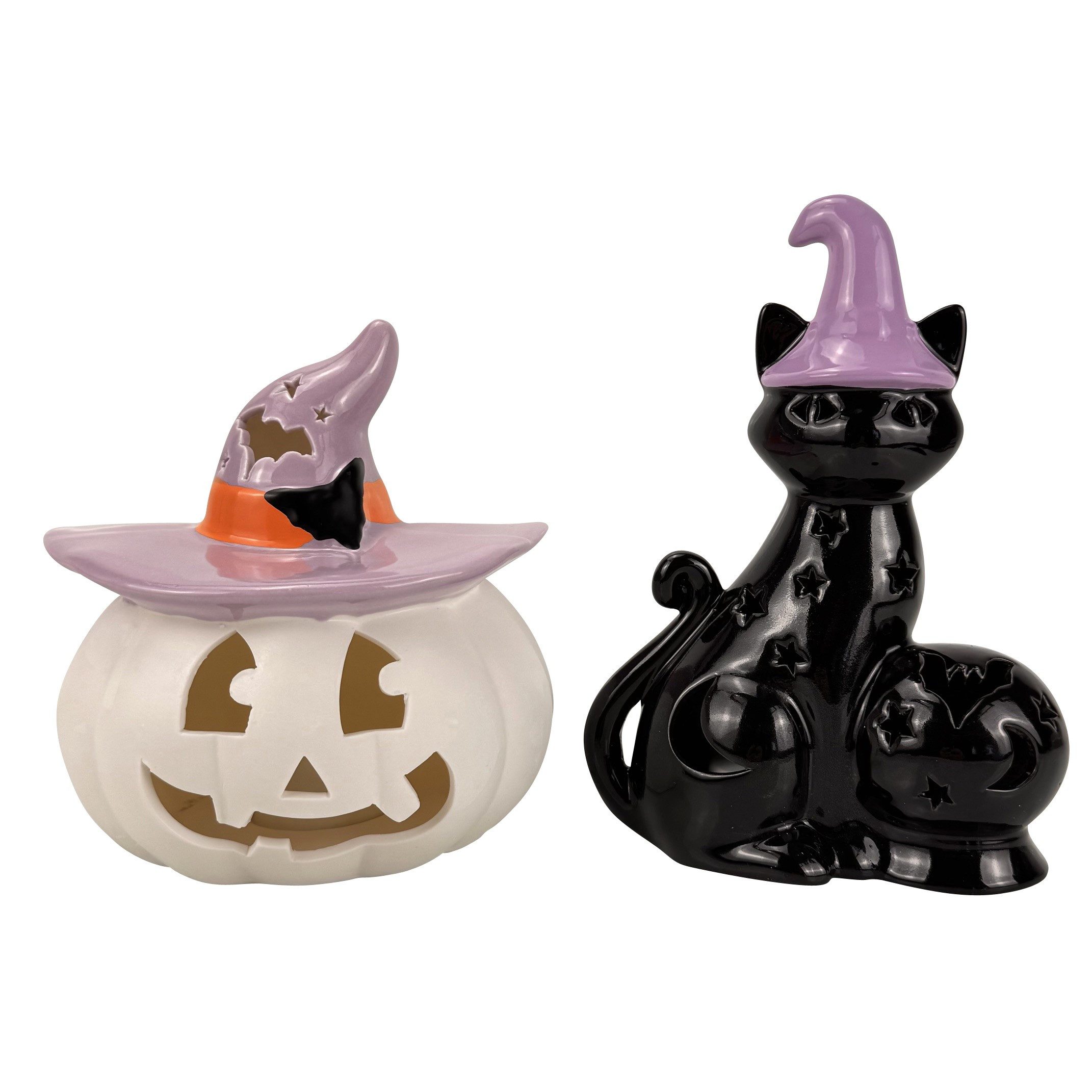 Online-Fuchs LED-Dekofigur Kürbis und schwarze Katze mit LED-Beleuchtung - Halloween Deko (6-Stunden Timerfunktion, aus Keramik gefertigt), warmweiße Beleuchtung oder seichter Farbwechsel möglich