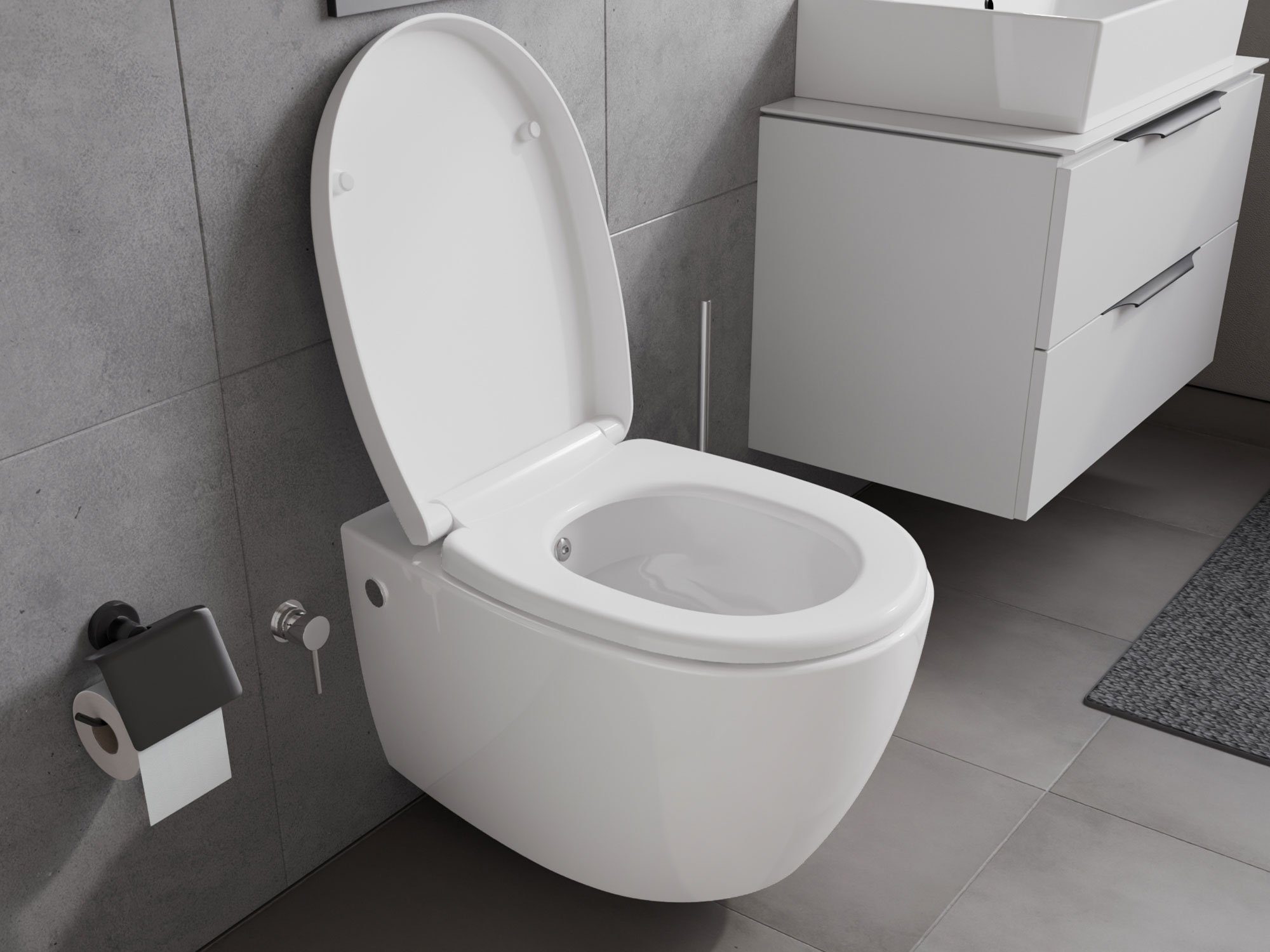 Aqua Bagno Dusch-WC mit Softclose WC-Sitz Tiefspül-WC spülrandloses WC Taharat, wandhängend, Abgang waagerecht, WC-Set