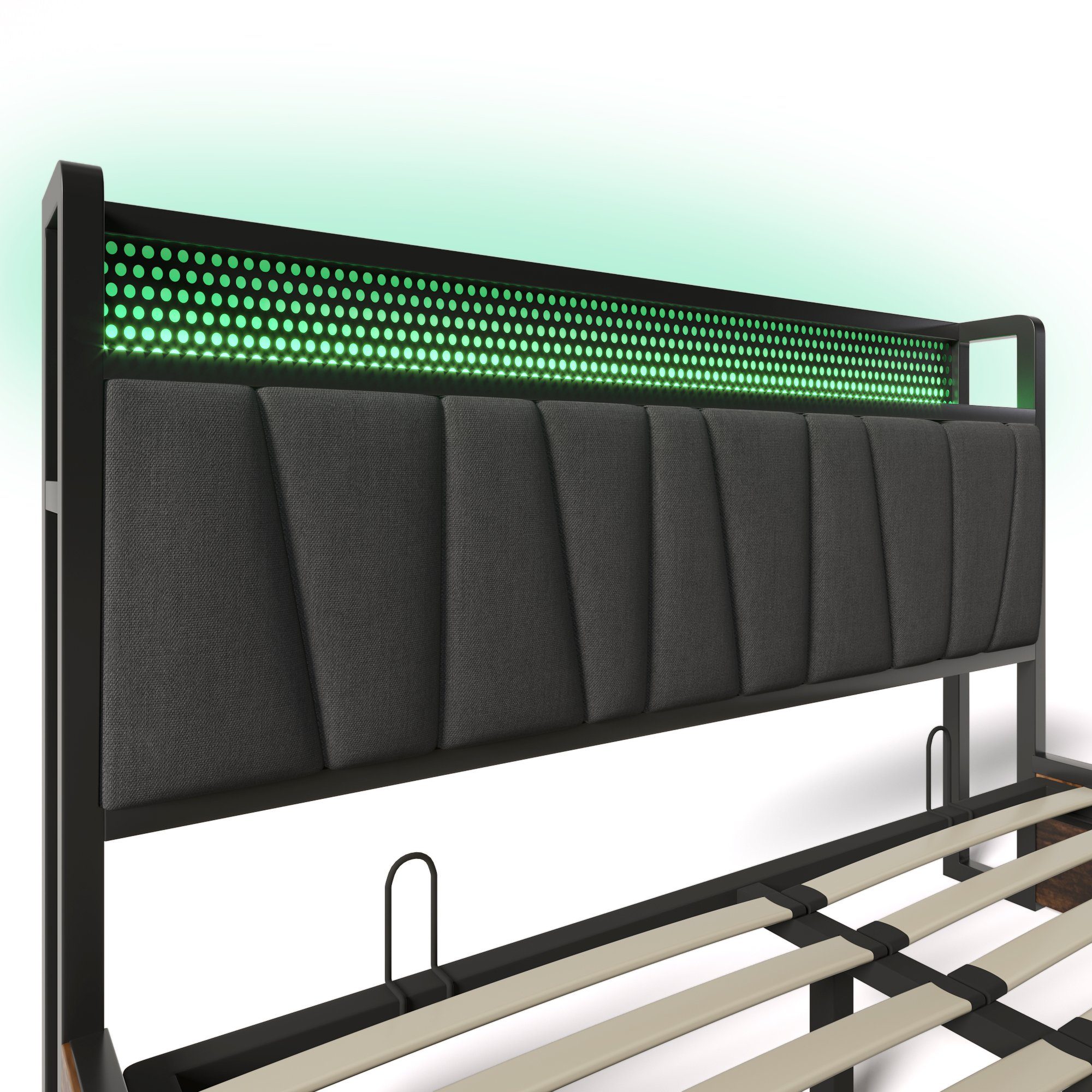 Polsterbett (LED Metallbett Doppelbett), hydraulisches Stauraumbett mit Ladefunktion und Lattenrost, 140x200cm