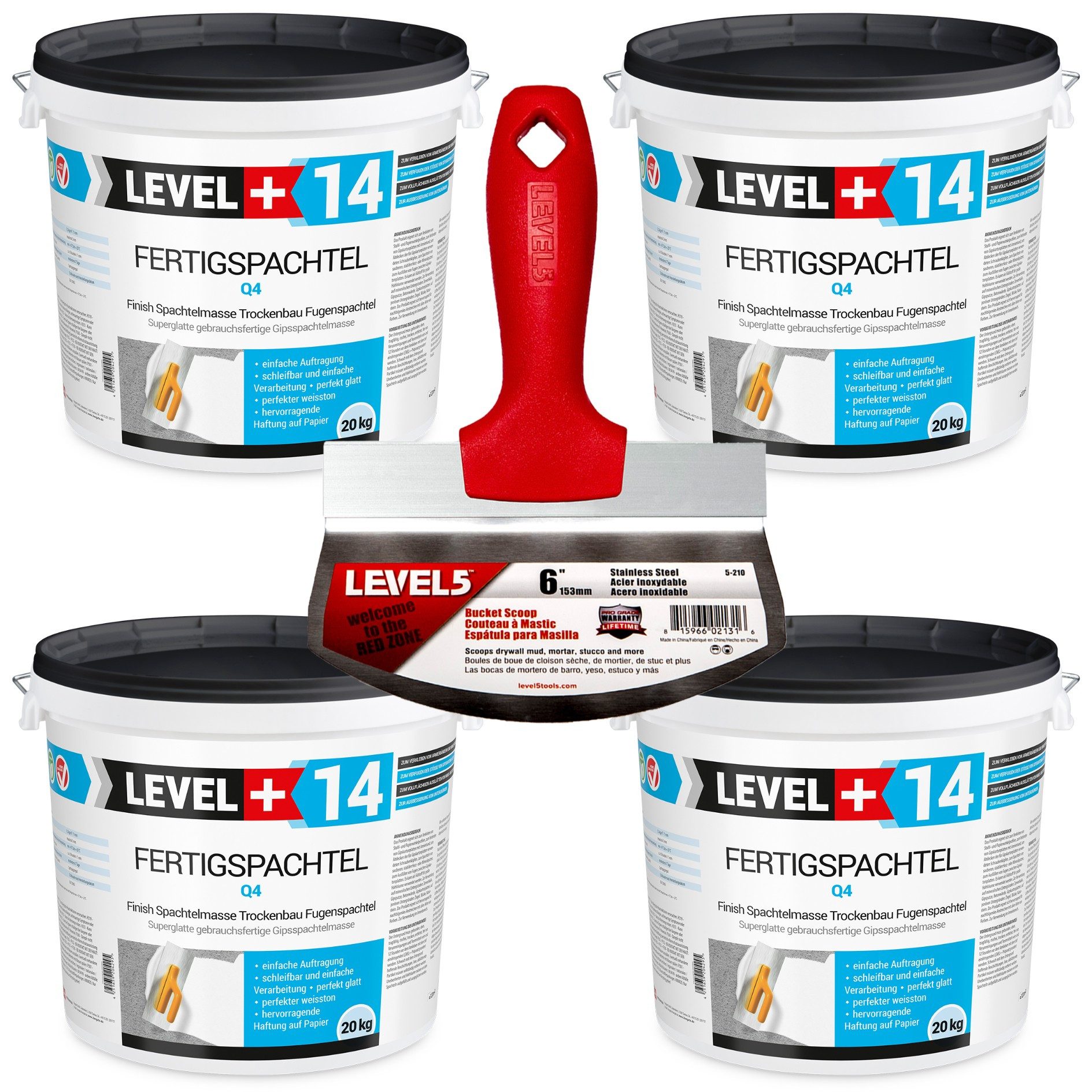 Level+ Fertigspachtel SET Fertigspachtel Glätt- Spachtelmasse L+14 - 80KG + LEVEL5 5-210