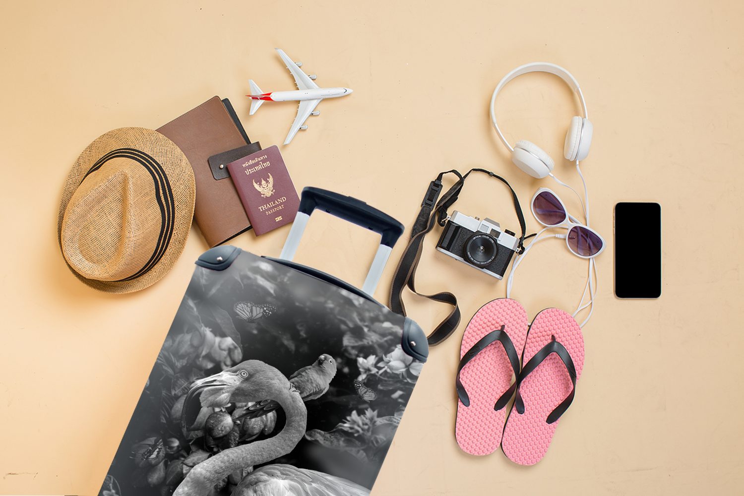 Flamingo Reisetasche ein schwarz Reisekoffer Trolley, Handgepäckkoffer rollen, 4 für - Rollen, mit Dschungel im MuchoWow weiß, und und Ferien, Handgepäck Vogel