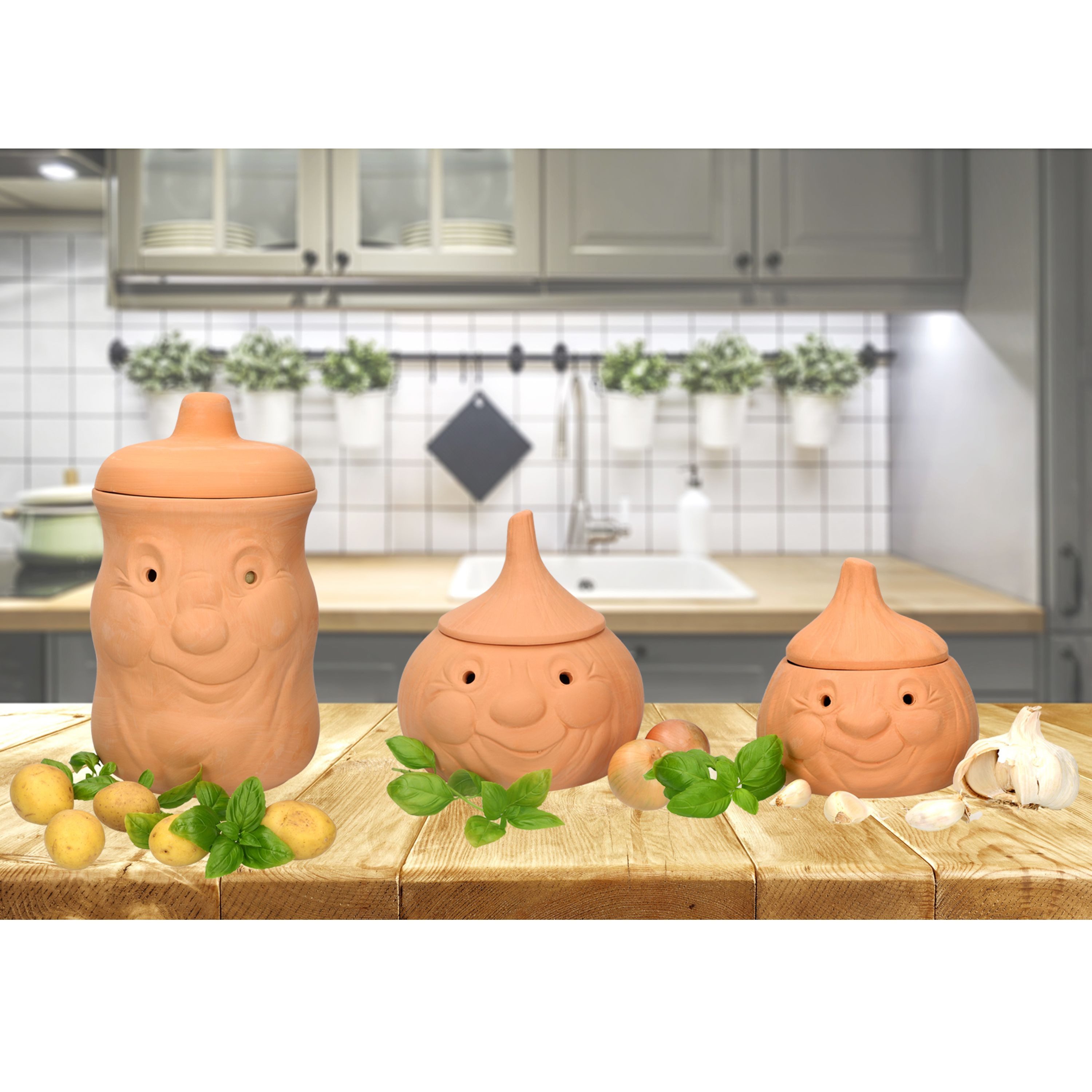 MamboCat Vorratsglas 3tlg. Terrakotta Set Knoblauchtopf + Zwiebeltopf + Kartoffeltopf, Steingut – Bild 2 von 5