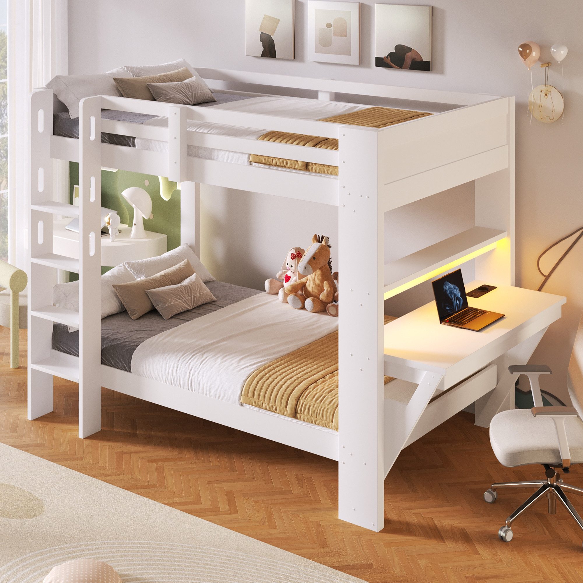 Flieks Etagenbett, Kinderbett 90x200cm, Schreibtisch mit LED-Beleuchtung und Aufladen