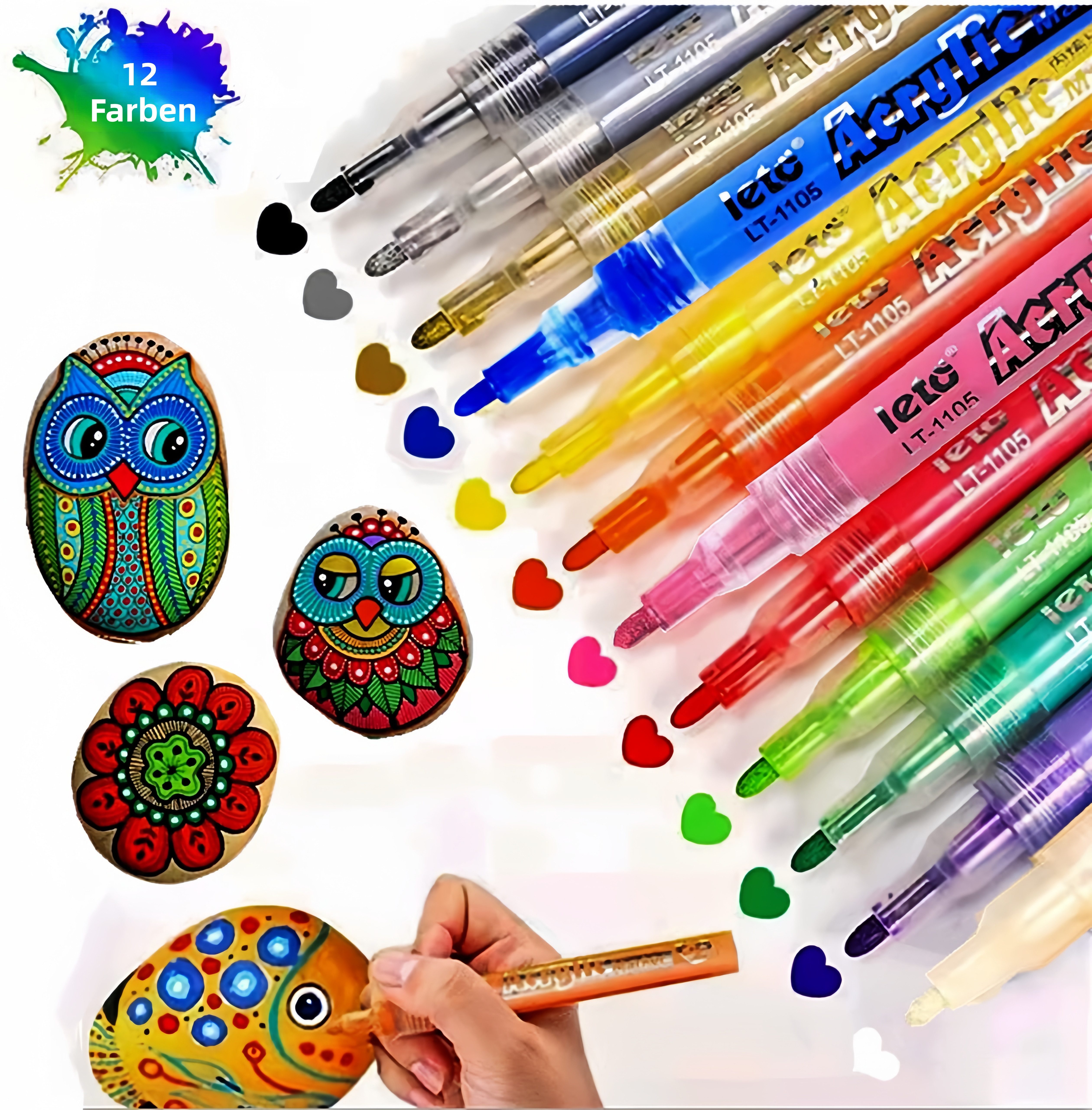 FOUORTUNATE-BEE Lackmarker 12er Set wasserfeste Acrylstifte für Steine, Glas & Papier, (12-tlg), Ideal für Kinder DIY, Oster- und Weihnachtsbastelprojekte
