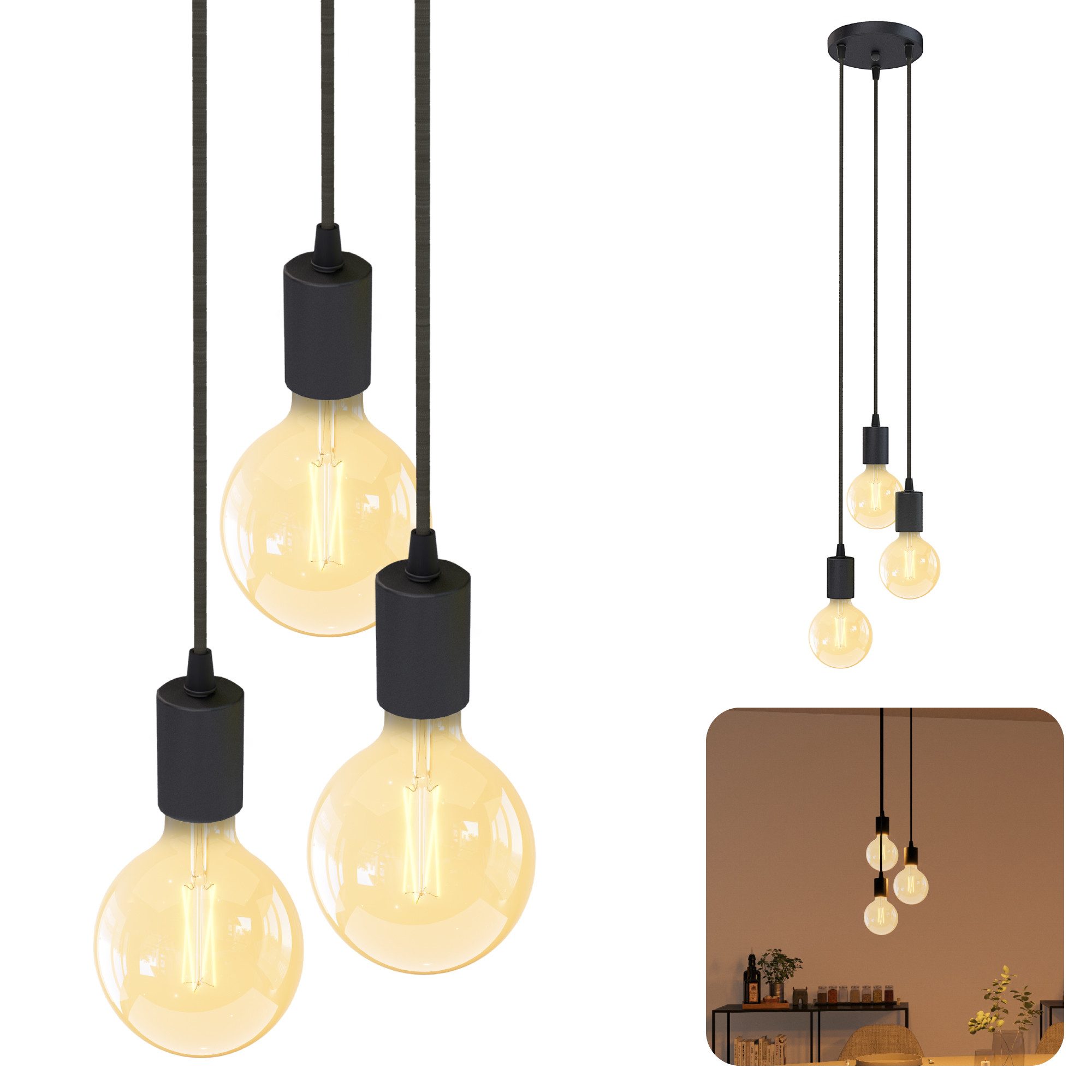 SSC-LUXon LED-Hängeleuchte PARU Pendelleuchte 3er mit smart E27 Globe LEDs WiFi dimmbar, Warmweiß bis Tageslicht