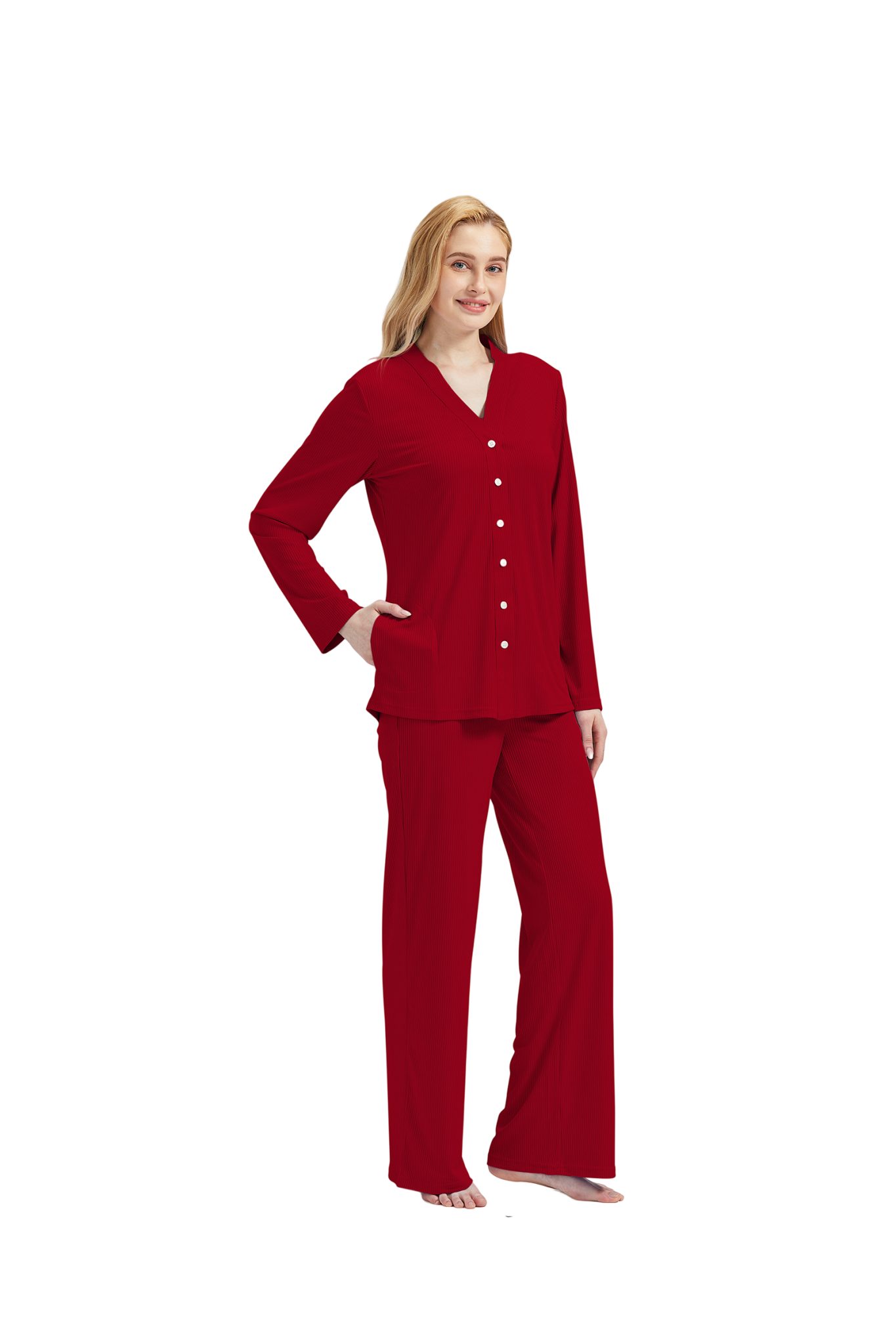 V-Ausschnitt Schlafanzug 3 Pyjama-Set Damen Brombeer Damenwäsche Top (Set, incl.Jacket tlg) RAIKOU Hose