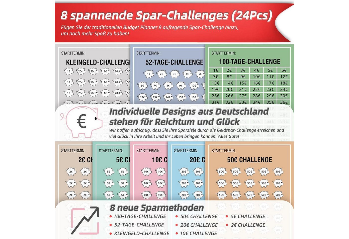 Thumbnail - LuxusKollektion Notizbuch Geld Sparen Challenge Buch mit 8 Spar-Challenges A6 Lederbindung