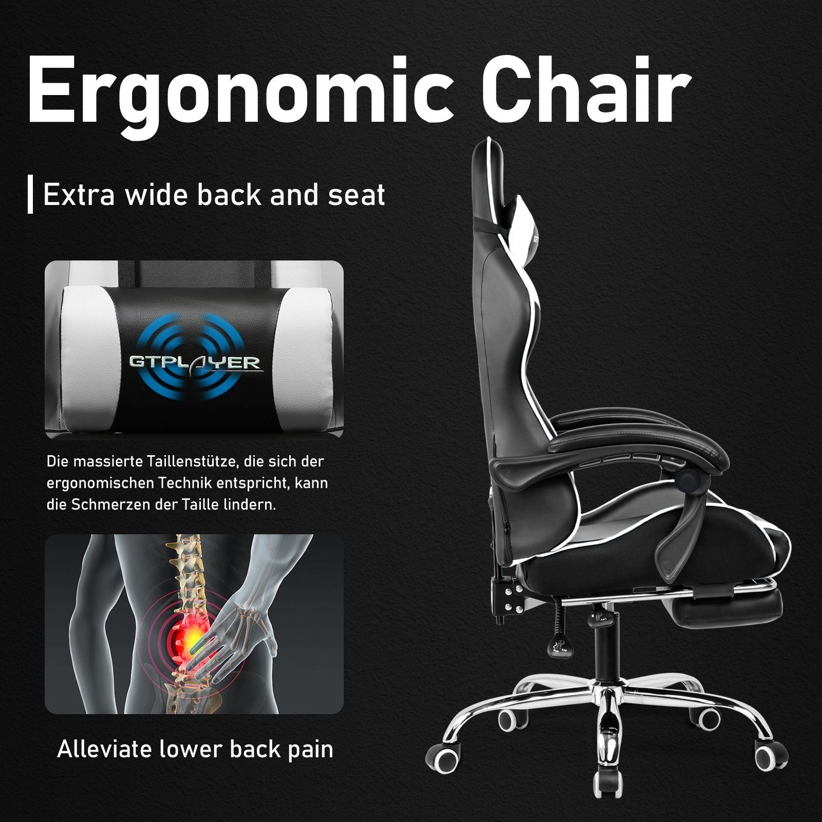 Gaming-Stuhl Rückenlehne Bürostuhl bis 120kg WHITE Zocker GTPLAYER mit Massage-Lendenkissen mit Fußstütze und belastbar, Hohe Stuhl, Verbindungsarmlehnen