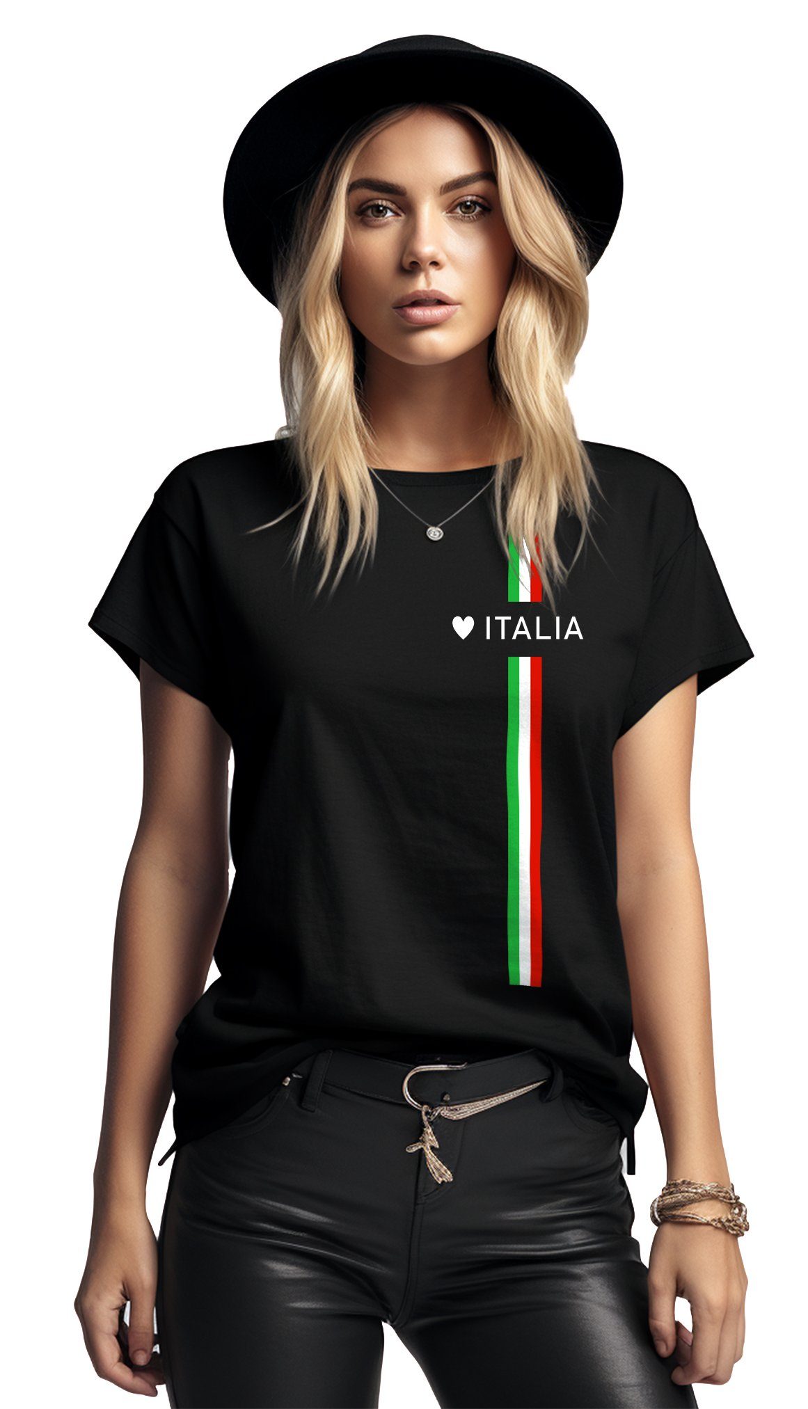 MAKAYA Print-Shirt Damen Herz Trikot Sommer Italia Mode Italien Fahne Top Kurzarmshirt, Schwarz Italienische