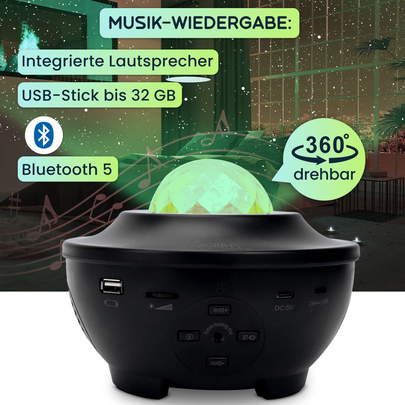 Casativo LED-Sternenhimmel Magischer Laser-Sternenhimmel-Projektor mit Bluetooth Lautsprecher, LED, WIFI, Sprachsteuerung & App-Steuerung – Bild 4 von 5