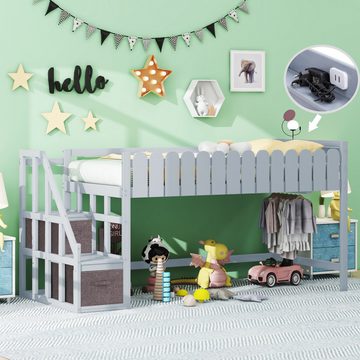 IDEASY Kinderbett Kinderbett, 90*190cm, Massivholzbettgestell (Matratze nicht im Lieferumfang enthalten), mit Treppe und Schubladen, Nachttisch mit USB-Schnittstelle