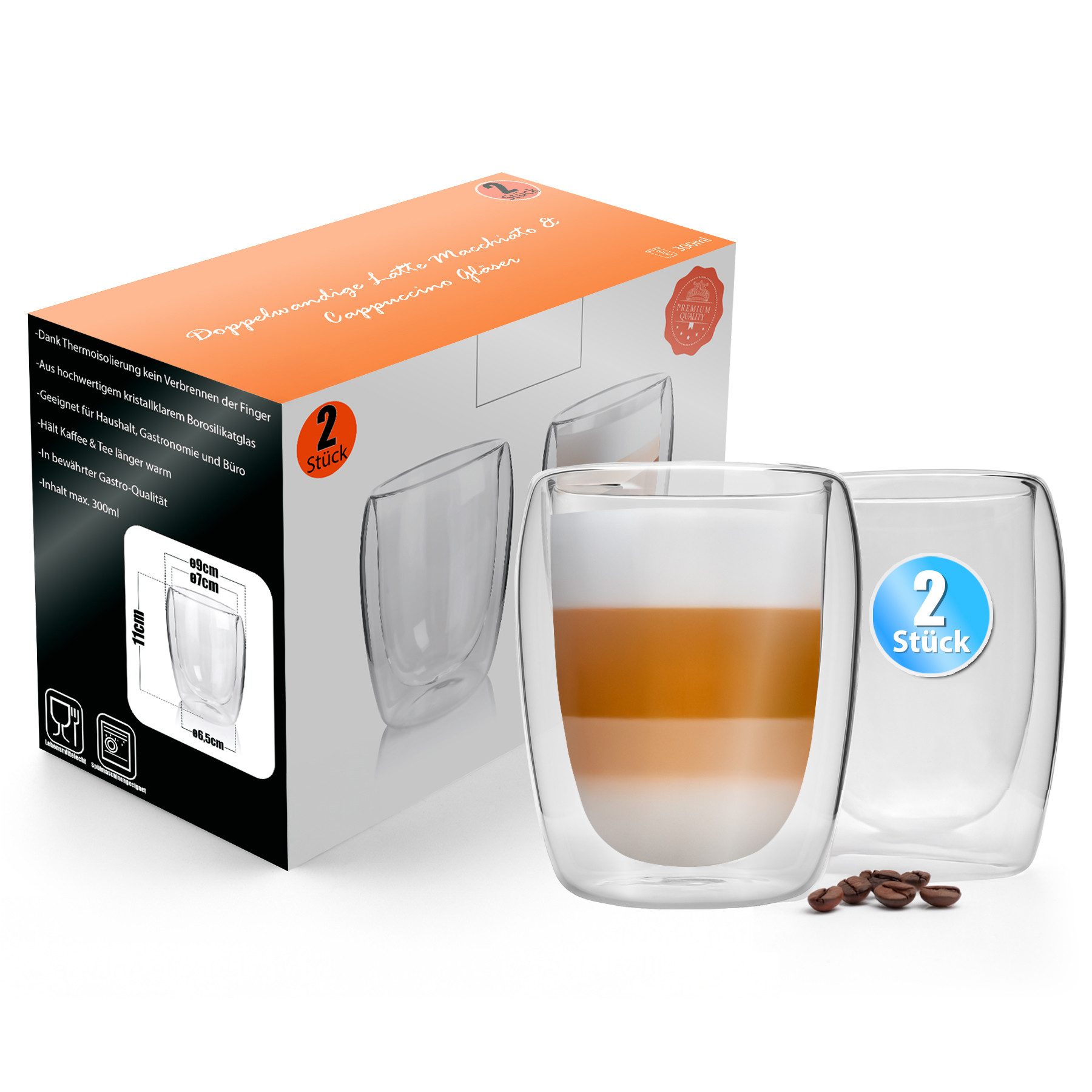 BigDean Espressotasse 2 Stück doppelwandige Latte Macchiato Gläser 300 ml Kaffeegläser, 2-tlg., Glas, Borosilikat Glas, Spülmaschinen Fest, Lebensmittelecht.