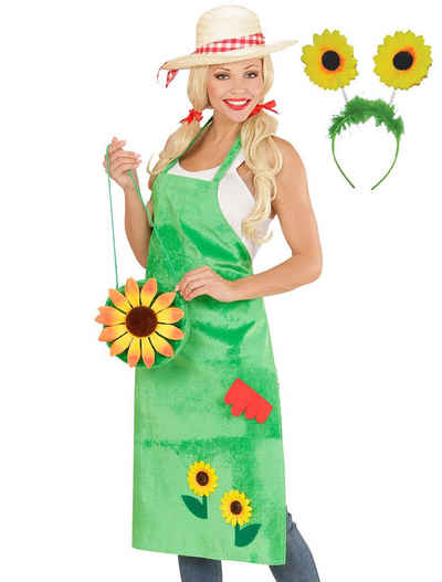 Karneval-Klamotten Kostüm »Gärtnerschürze grün MIT Haarreif Blumen«, Gärtnerin Damen Kostüm Gartenschürze in Grasoptik mit Sonnenblumen-Motiv Gärtner MIT Haarreif Blumen