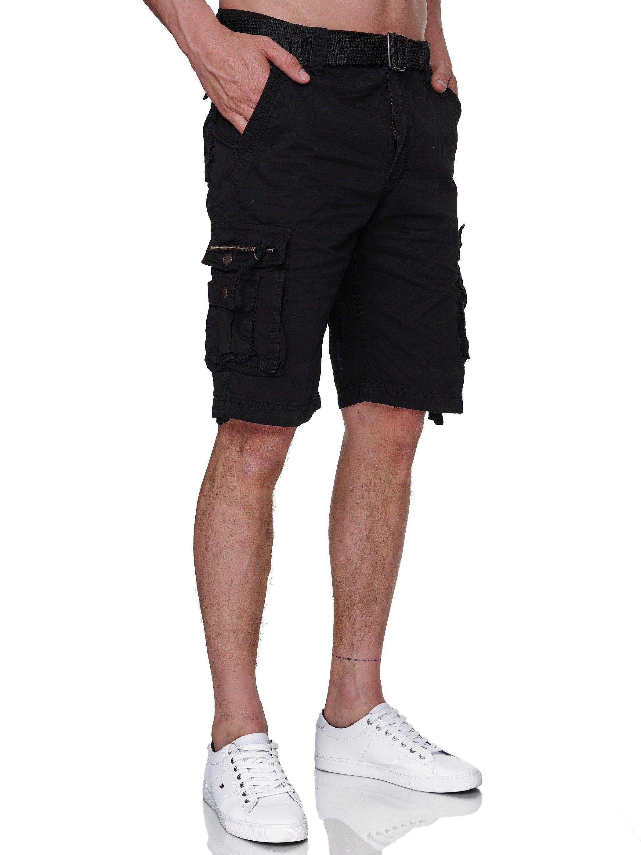 (Bermuda Sommer Rayshyne Shorts mit RSH02 Viele Schwarz Kurze Cargoshorts Taschen Gürtel)