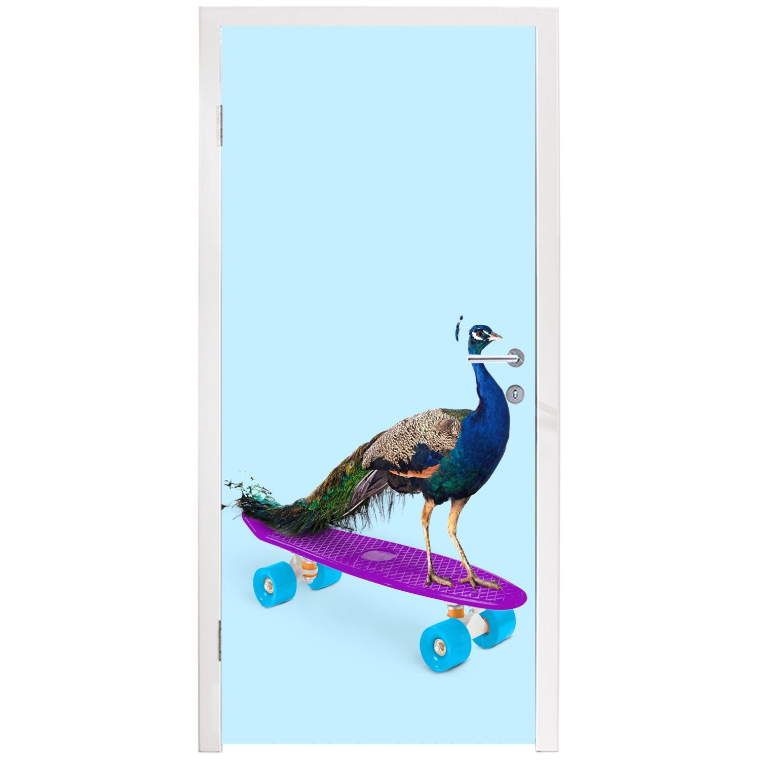 Fototapete Tür, Skateboard St), Pfau - Blau MuchoWow - (1 Matt, Türaufkleber, für 75x205 Tiere bedruckt, Türtapete - cm - Lustig,