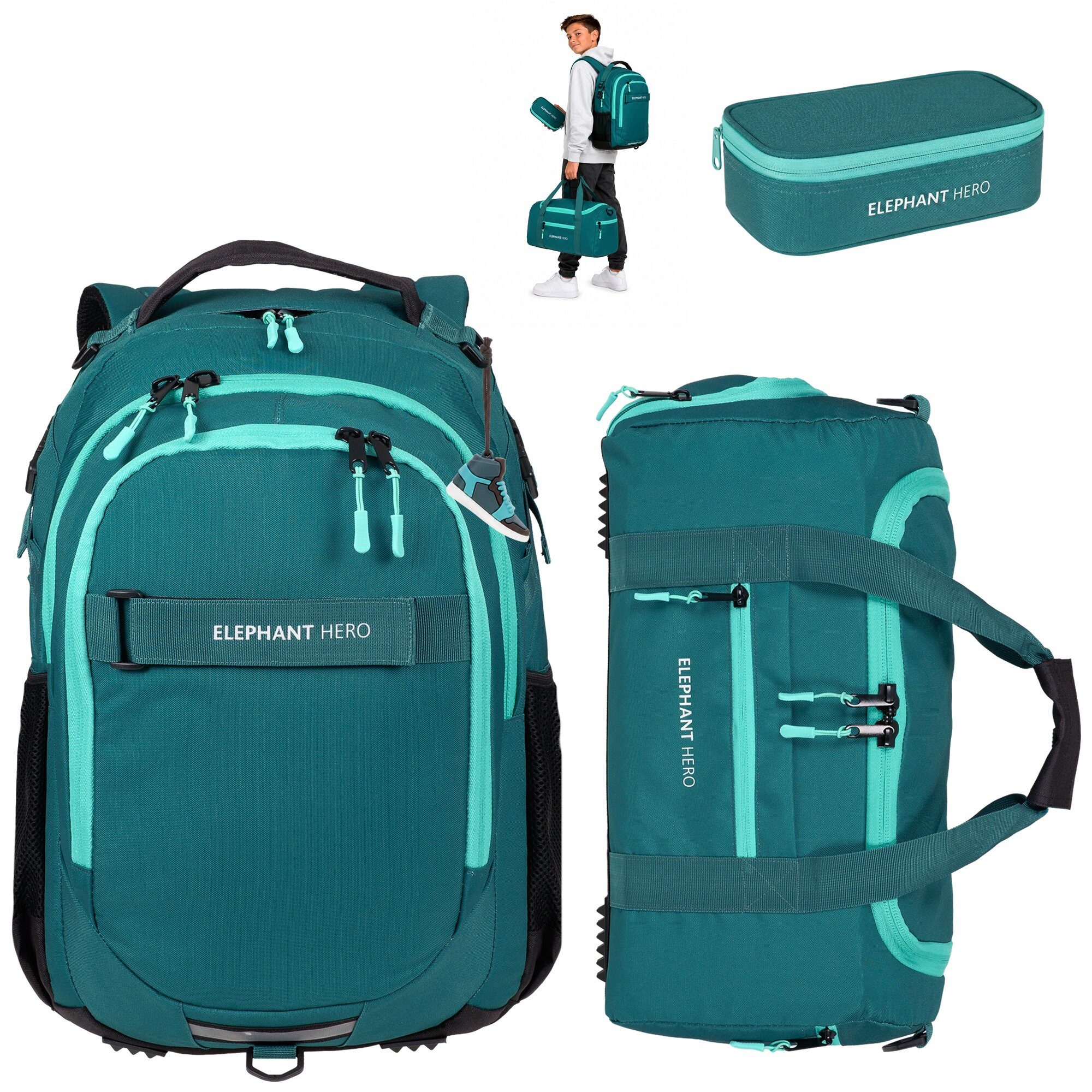 ELEPHANT Schulrucksack Hero Signature Schultasche (Set, 3-tlg., 3 Teile Rucksack Sporttasche Mäppchen Box), Softcase Schulranzen Schulmappe +rsm