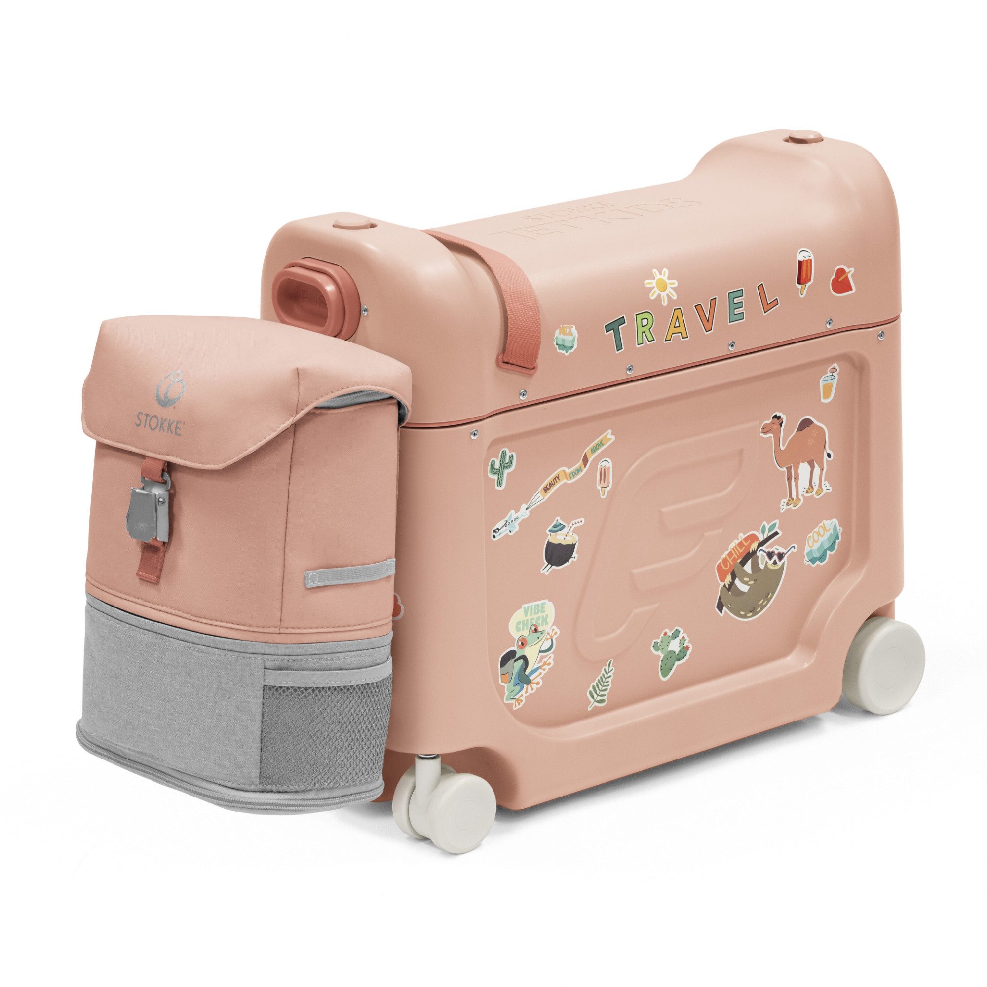 Stokke Kinderkoffer JetKids Reiseset - Enthält Aufsitzkoffer & Bordbett + Crew Backpack, 4 Rollen, Ideal für kurze und lange Reisen