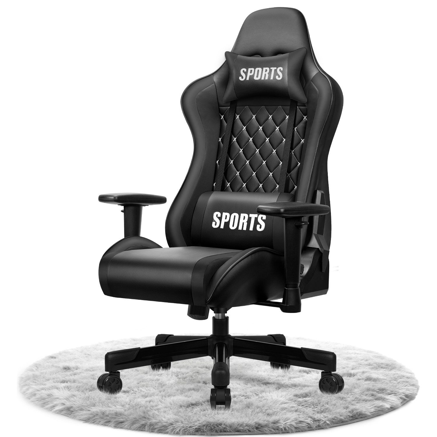 Adormii Gaming-Stuhl Gaming stuhl, ergonomisch Gaming chair, 90°–170° neig- und arretierbar (Mit Kopfstütze und Lendenkissen, verstellbaren Armlehnen, höhenverstellbarem Sitz, belastbar bis zu 150 kg), Höhenverstellbar, Armlehnen verstellbar, Abriebfestiges Leder, 150KG