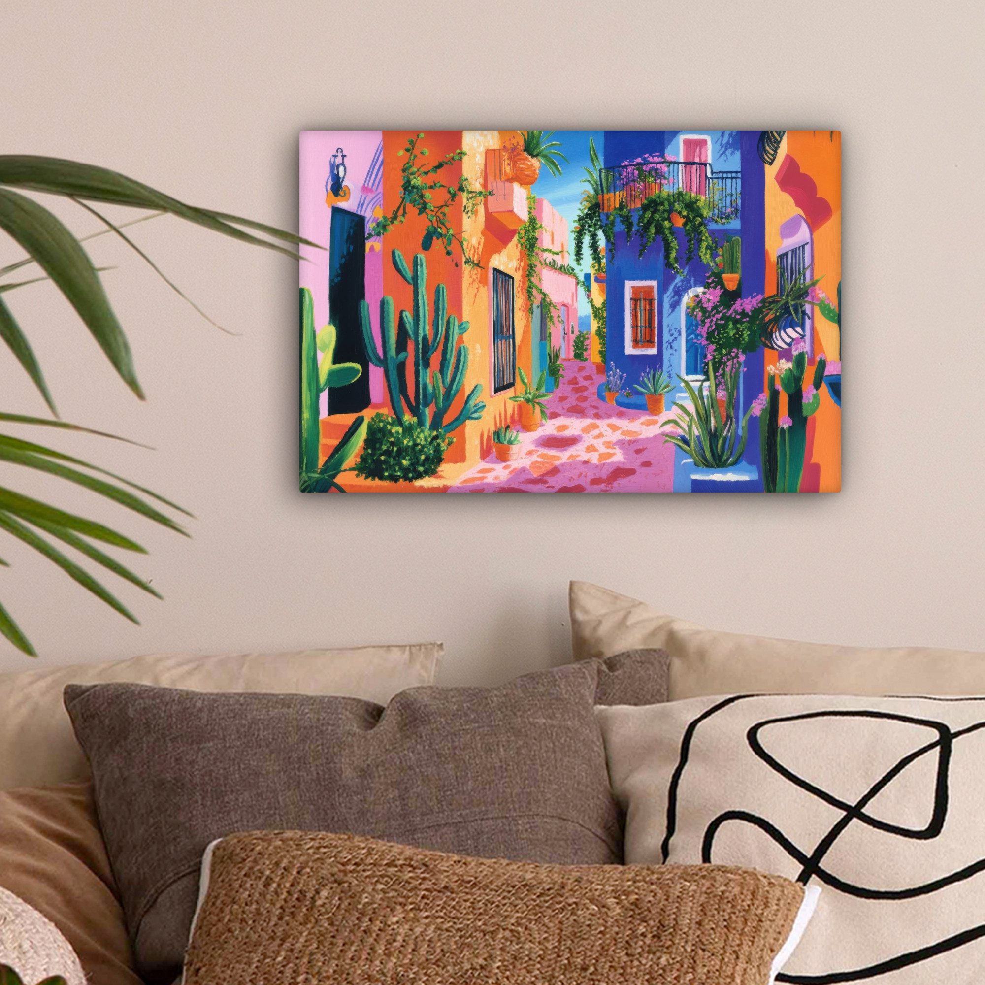 OneMillionCanvasses® Leinwandbild Gelb - Blau - Orange - Haus, Fotodruck (1 günstig online kaufen