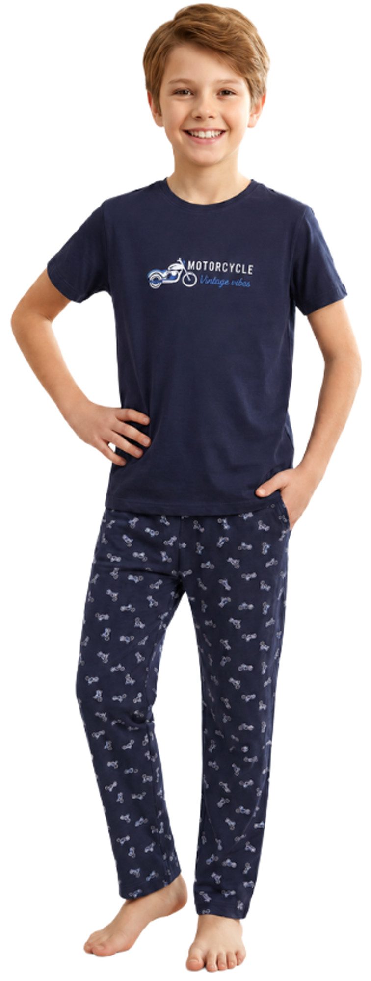 Vienetta Schlafanzug Kids (Set, 2 tlg., 2-teilig) Jungen Pyjama lange Hose Kurzarm Baumwolle Motorrad