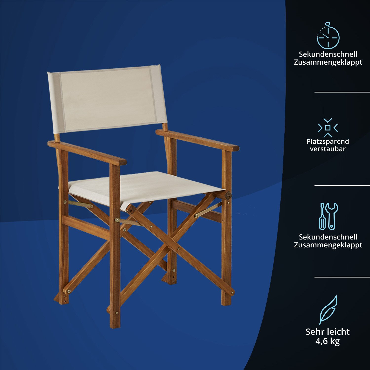 KHG Regiestuhl Balkonstuhl aus echtem Akazienholz geölt (Regiestuhl mit Armlehnen 100% Polyesterbezug in Creme), Klappbar, platzsparend