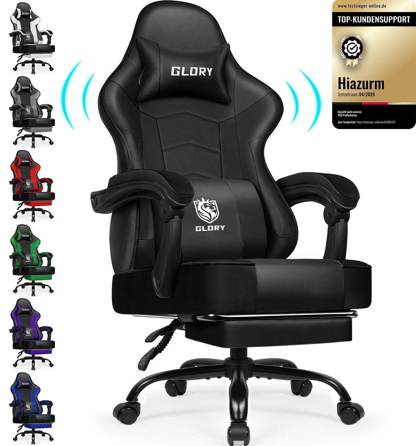 Hiazurm Gaming-Stuhl Gaming Stuhl, Bürostuhl Ergonomisch Wippfunktion bis zu 170° (Gaming Chair mit Fußstütze, 10 cm Höhenverstellung), Verstellbarem Lenden- & Kopfkissen, Gamer Stuhl 150kg Belastbarkeit