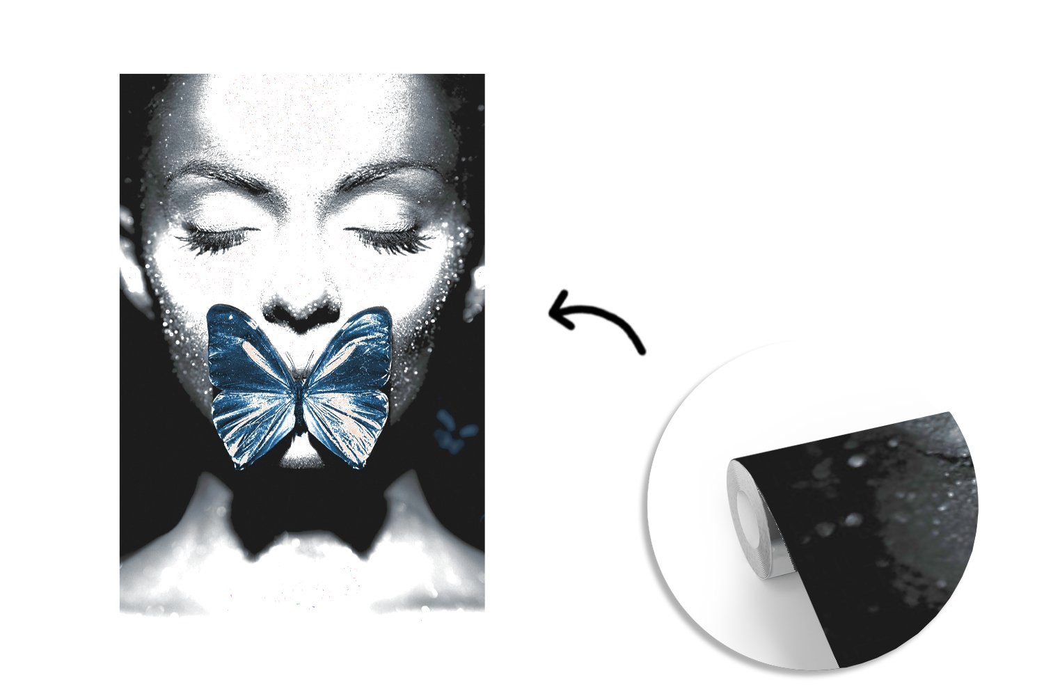 für Schmetterling Fototapete Tapete - bedruckt, Weiß, Matt, MuchoWow - - Wandtapete Montagefertig Schwarz Frau St), Vinyl Wohnzimmer, (3