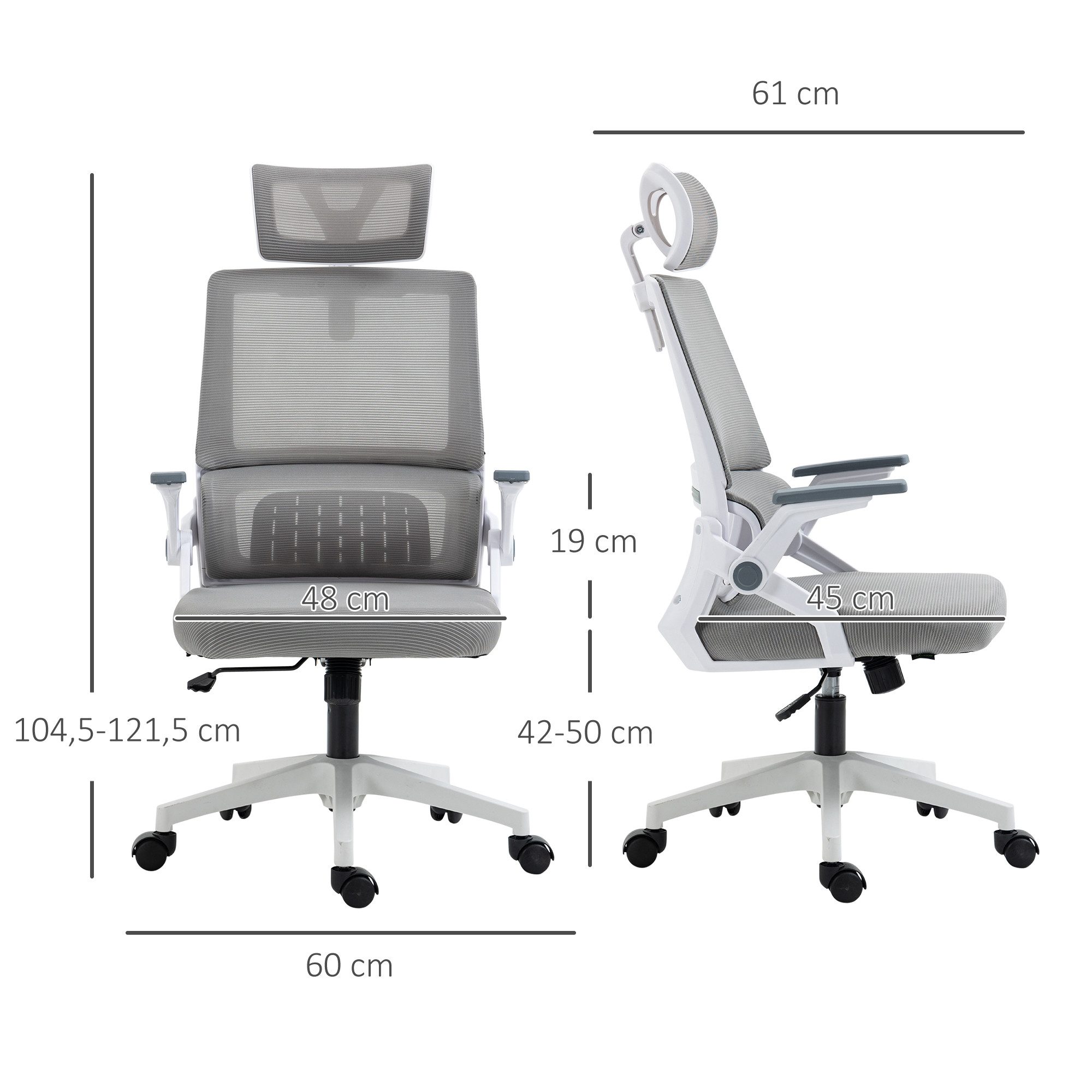 Vinsetto Bürostuhl Ergonomisch, Schreibtischstuhl mit Verstellbar Kopfstütze, Armlehne (Drehstuhl, 1 St), mit Wippfunktion, Lendenstütze, Mesh, Grau