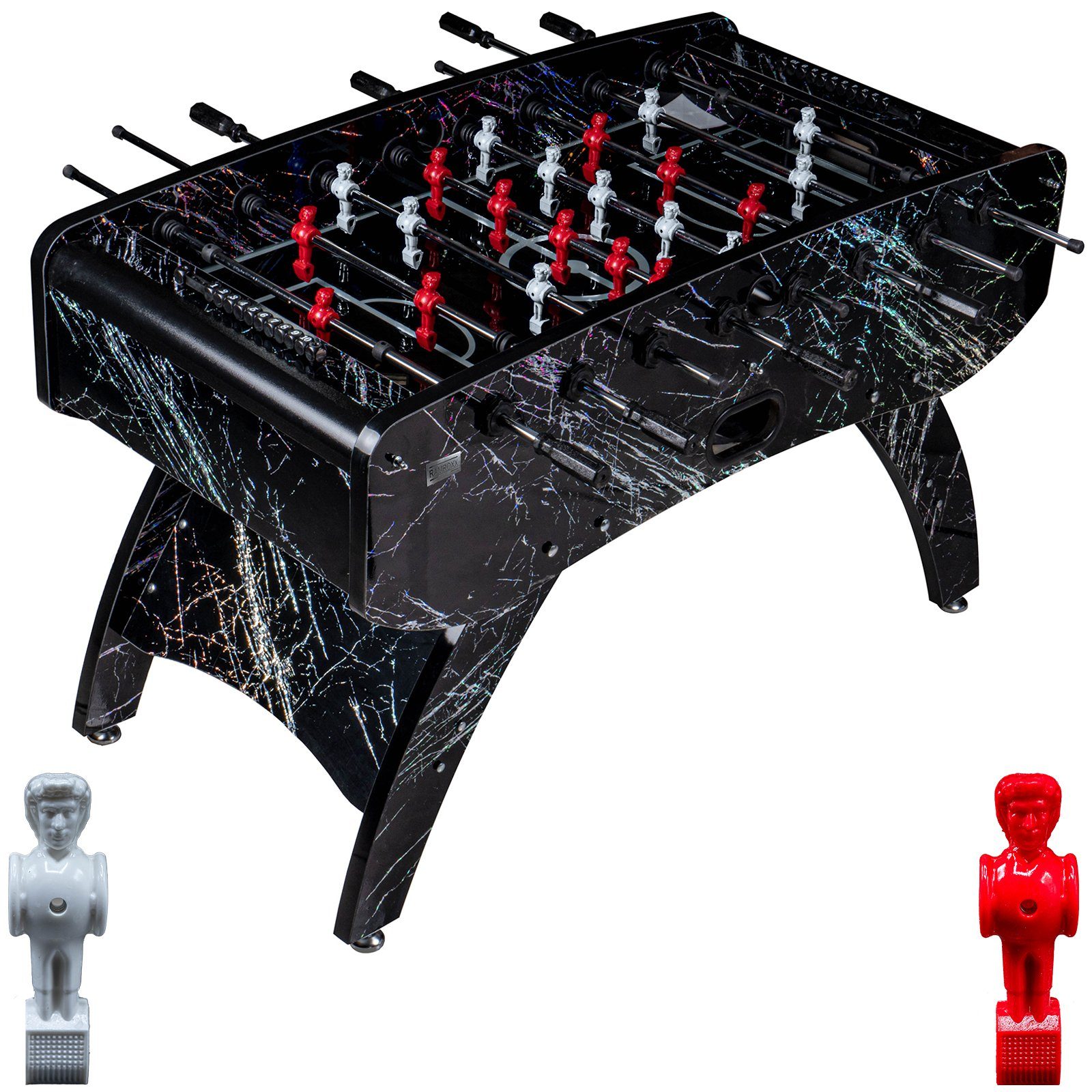 RAMROXX Kickertisch Fußball Premium Schwarz Glasspielfeld Figuren Weiss Rot 80kg