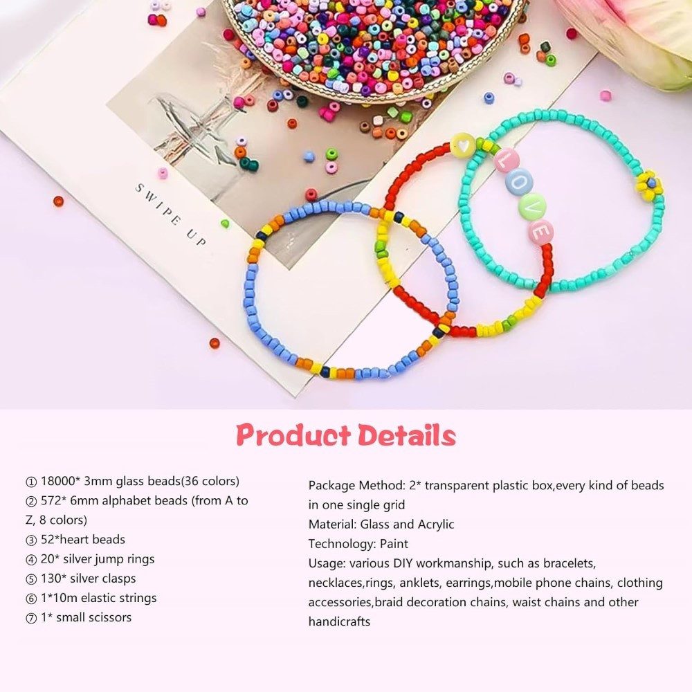 LA CUTE Perlenarmband Set DIY Schmuckperlen-Set: 18000 Glasperlen + Buchstaben- und Herzperlen (18000 Teiliges DIY Glasperlen Armband-Set, 18000-tlg., 18000 Glasperlen in 36 Farben, 11 Gitter Buchstabenperlen), Vielfältige Farben, umfangreiches Zubehör, Förderung der Kreativität