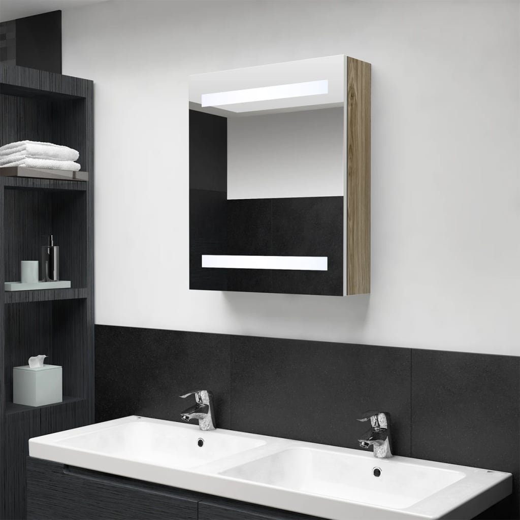 vidaXL Badezimmerspiegelschrank LED-Bad-Spiegelschrank Weiß und Eichen-Optik 50x14x60 cm (1-St) Weiß und Eichefarben