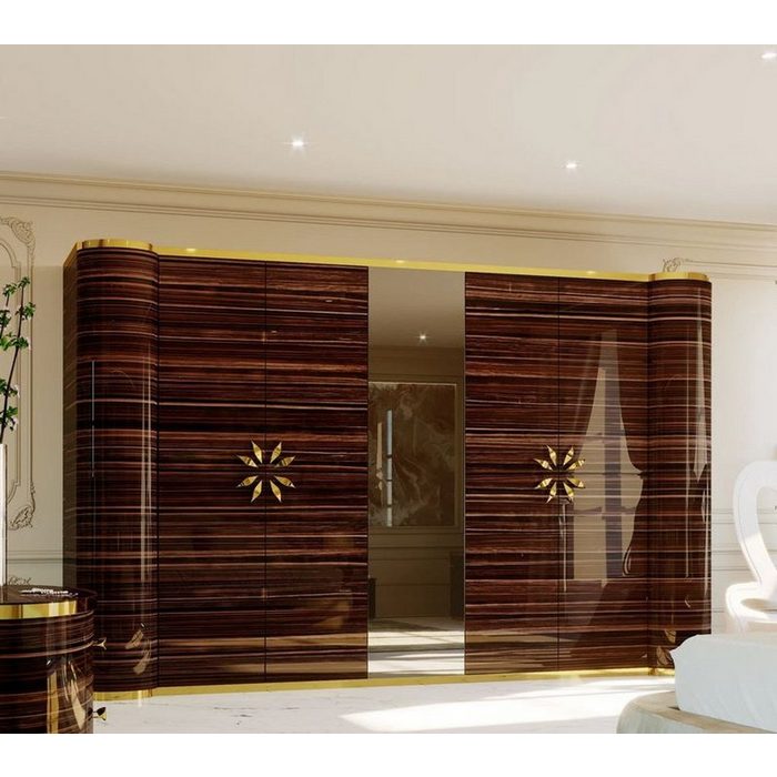 Casa Padrino Kleiderschrank Luxus Designer Schlafzimmerschrank Hochglanz Braun / Gold 285 x 62 x H. 250 cm - Edler Massivholz Kleiderschrank mit 4 Türen - Hotel Möbel - Luxus Qualität - Made in Italy