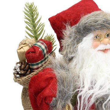 ECD Germany Weihnachtsmann Weihnachtsmann Deko-Figur Santa-Claus Figur Winterdeko Weihnachten, 37 cm hoch rot/grauer Mantel grüner Hose mit Geschenkesack