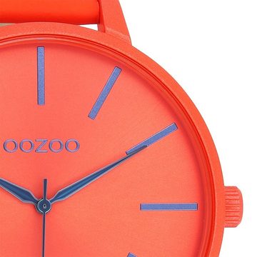 OOZOO Quarzuhr Oozoo Damen Armbanduhr Timepieces Analog, Damenuhr rund, extra groß (ca. 48mm), Lederarmband rot,orange, Fashion