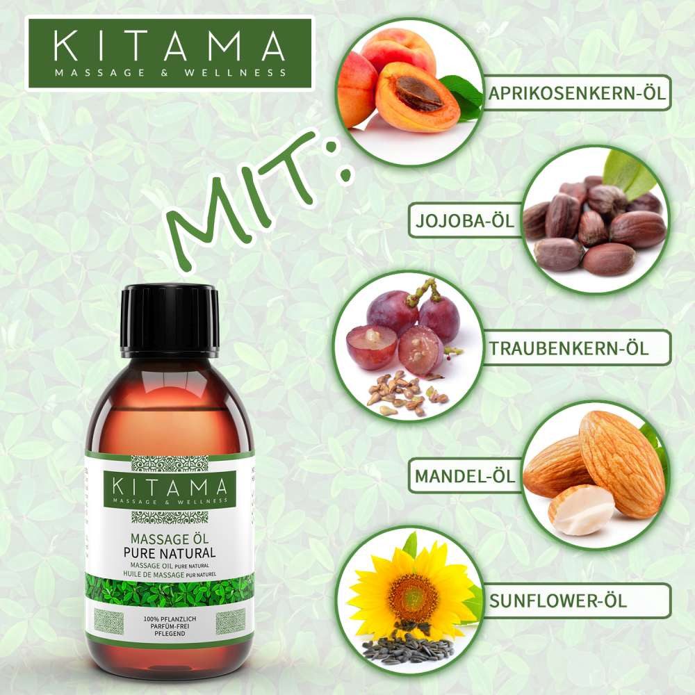 Kitama Massageöl Pure Natural - 100% natürlich & parfüm-frei, Pflege-Öl Körperöl vegan, Neutrales Massageöl