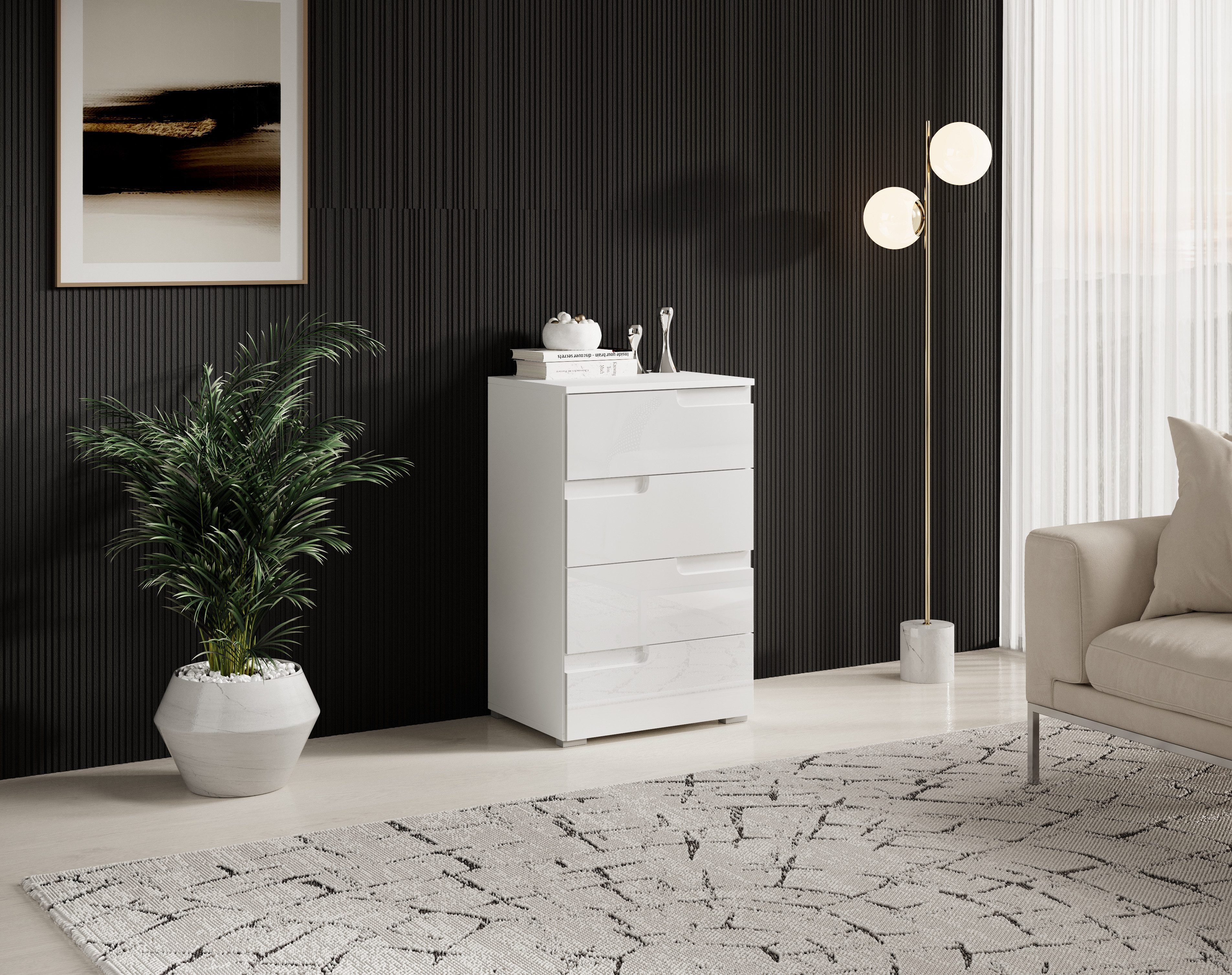 HBZ Kommode Spice Weiß Hochglanz, BxHxT 50x80x40 cm, Kommode mit 4 Schubkästen