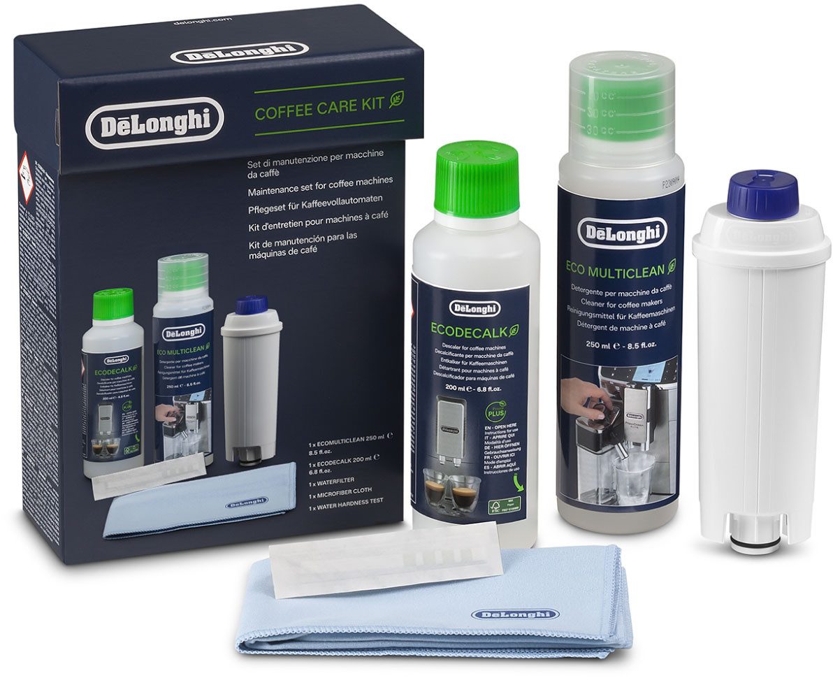 De'Longhi DLSC306 Original, für Kaffeemaschinen & Kaffeevollautomaten Pflegeset (EcoMulticlean 250ml, EcoDecalk 200ml, Wasserfilter, Mikrofasertuch)
