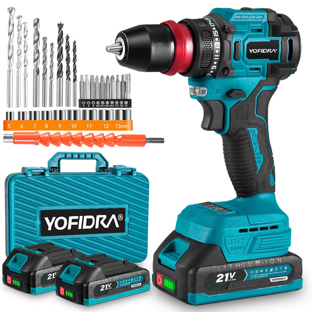 Yofidra Akku-Bohrschrauber Bürstenlos mit 2 Akkus & 31-teiligem Zubehör, 21+3 Drehmomentstufen, max. 3000 U/min, 2 Gänge bis 3000 RPM – ideal für Reparaturen & DIY-Projekte