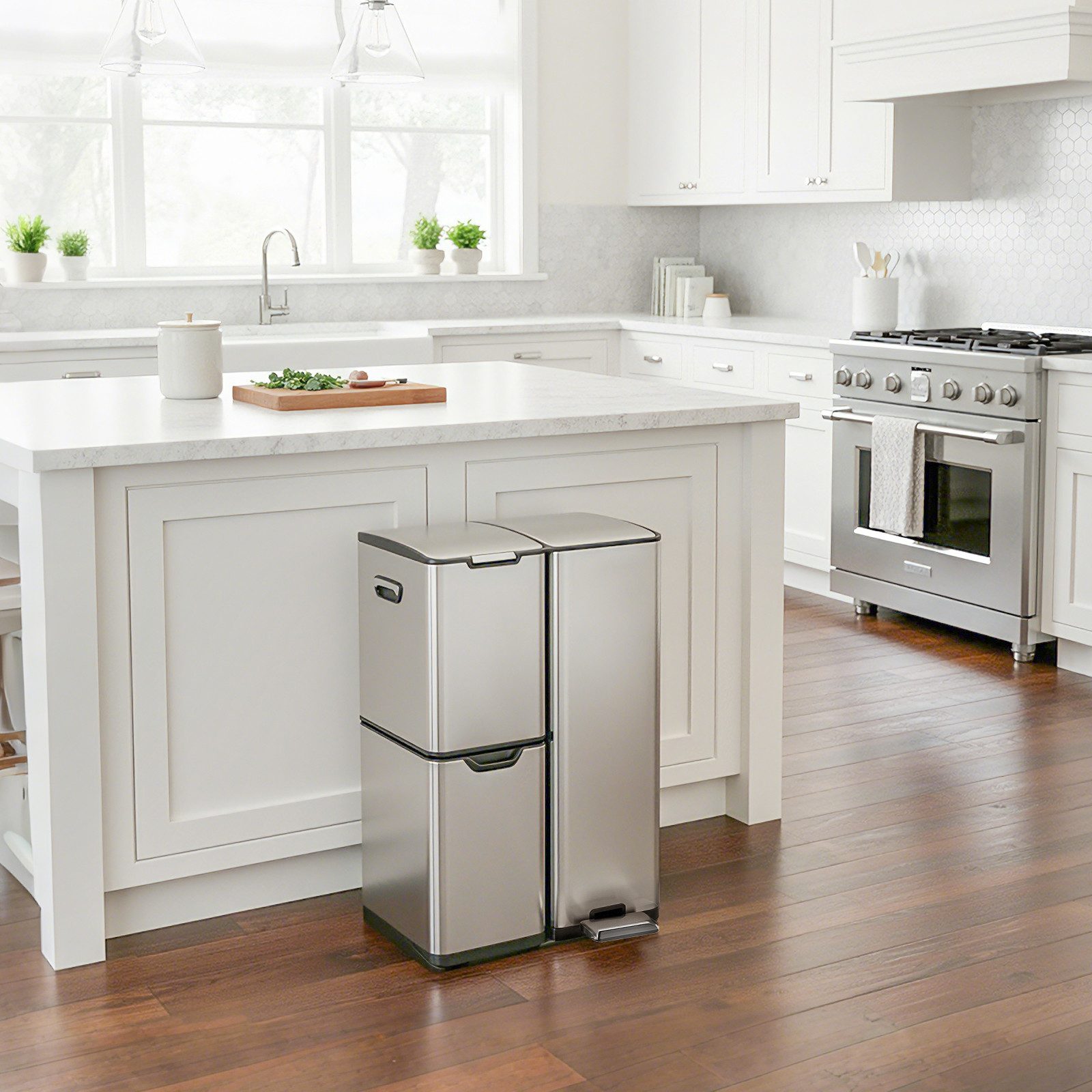 TLGREEN Mülltrennsystem 60L Edelstahl Abfallsammler mit 3 Fächern,Pedal- und Handbedienung, Soft-Close Deckel, Anti-Fingerabdruck, für Küche & Wohnzimmer