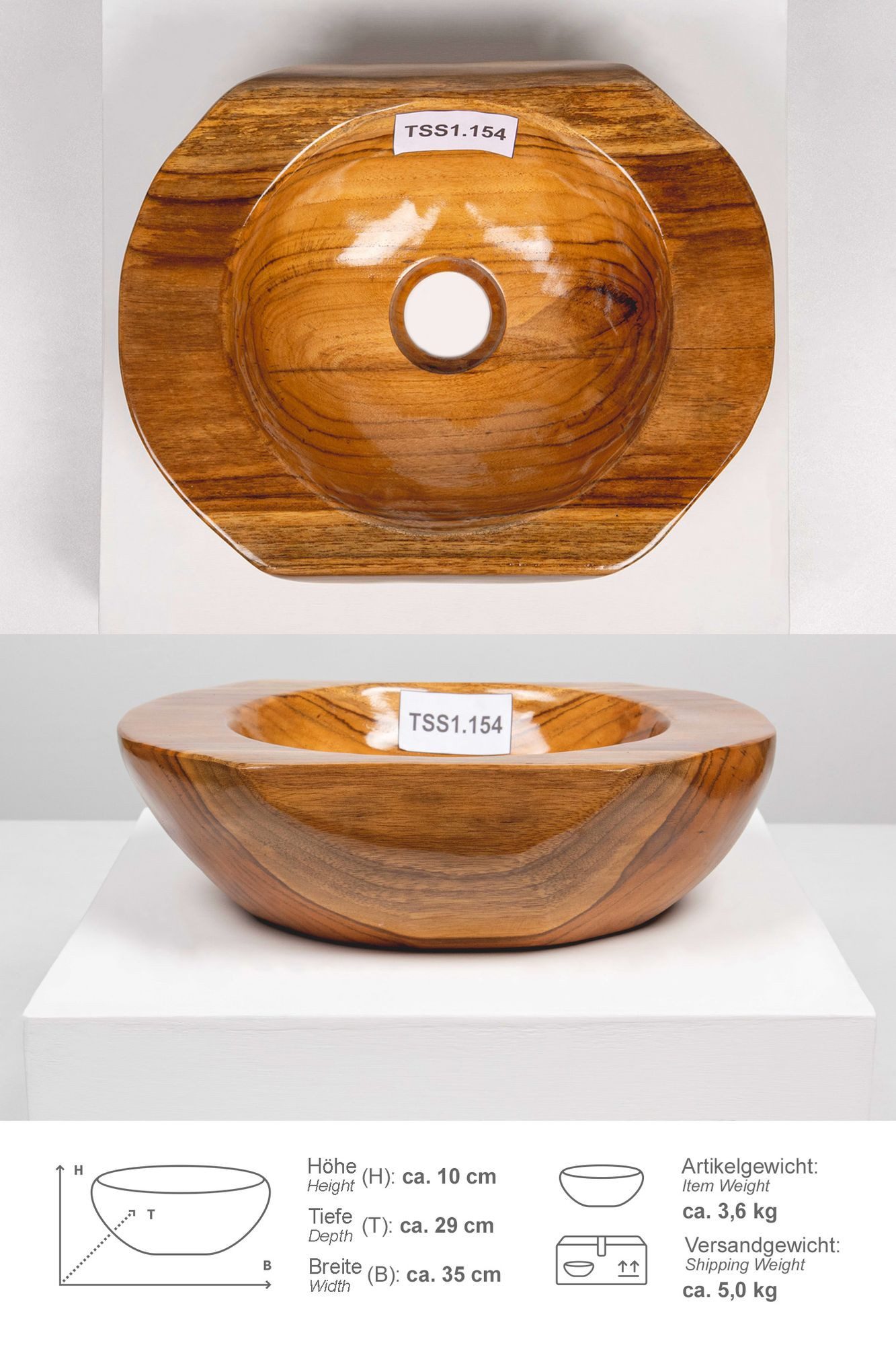 wohnfreuden Aufsatzwaschbecken Teakholz Waschbecken 30 cm braun rund (Kein Set), 39791_TSS1.154