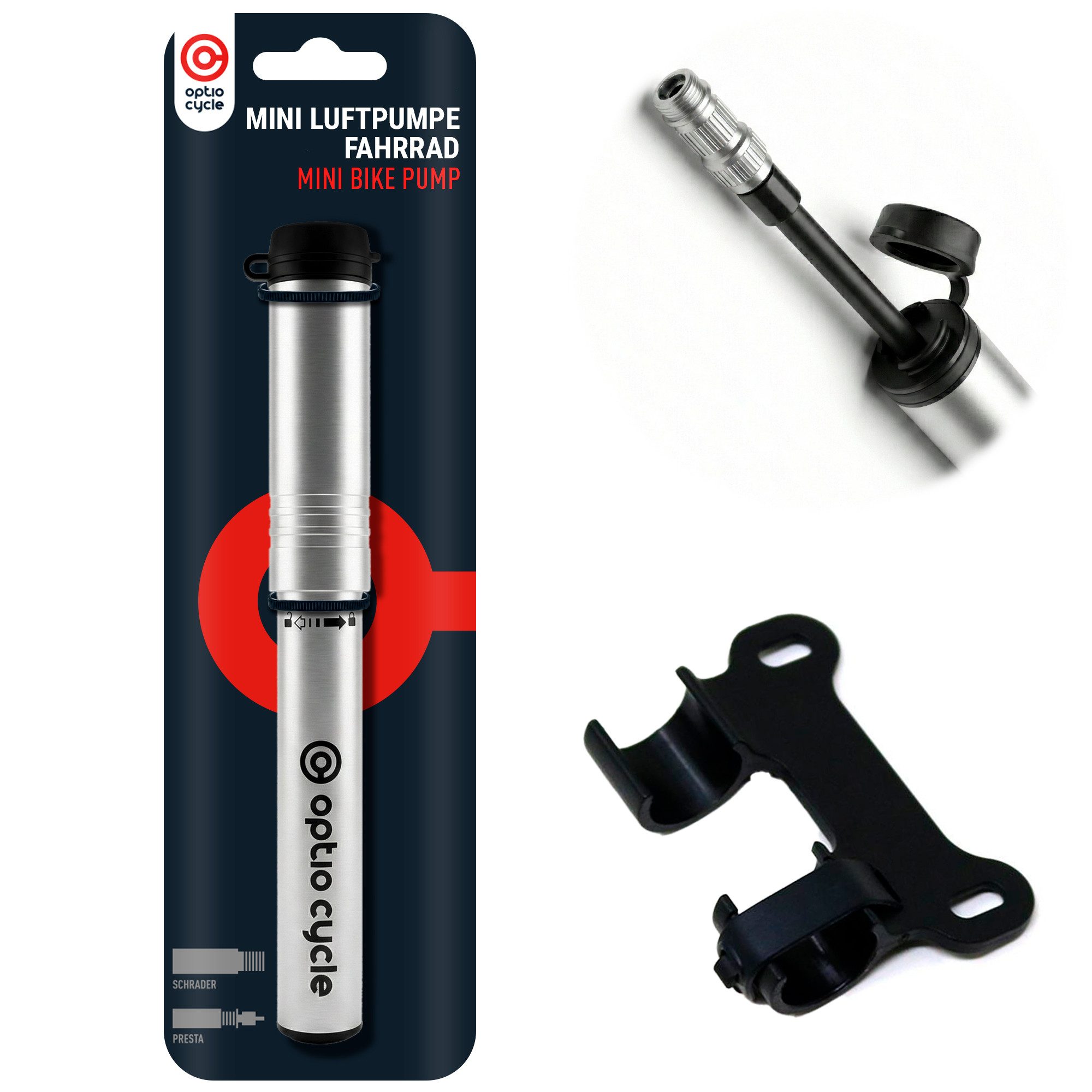Optio Cylce Minipumpe Optio Cycle Mini Fahrradpumpe 120 PSI Rahmenpumpe mit Schlauch