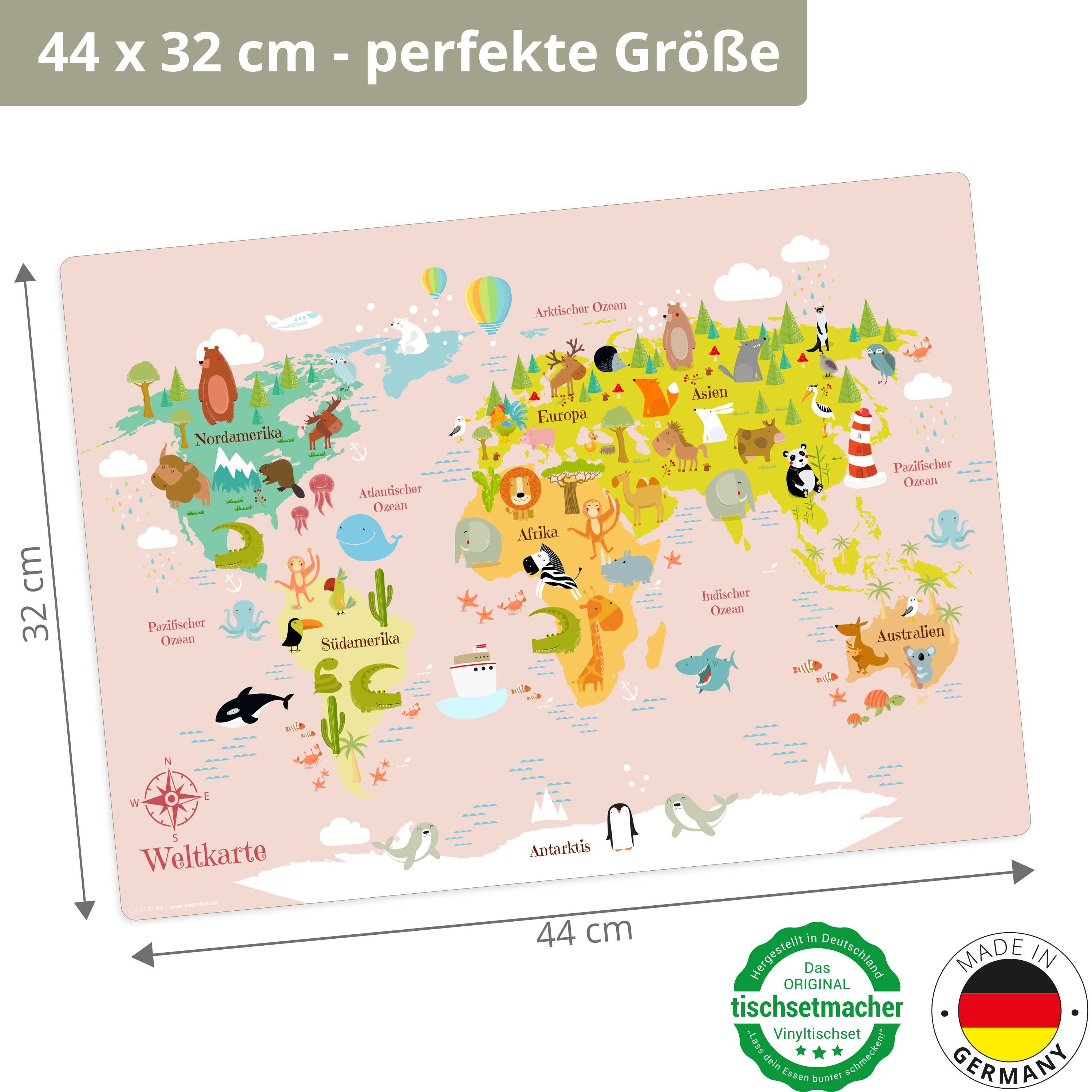 Tischsetmacher Platzset Tischset,  Platzset abwaschbar - Für Kinder - Weltkarte in rosa, (aus erstklassigem Vinyl (Kunststoff - BPA-frei), 1-St., 44 x 32 cm - rutschfeste Tischdekoration), Made in Germany