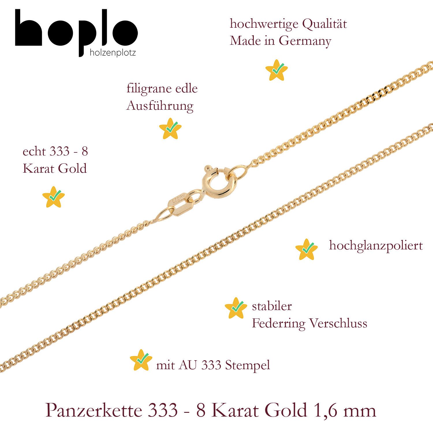 HOPLO Panzerkette Goldkette Panzerkette Länge 38cm - Breite 1,6mm - 333-8 Karat Gold, Made in Germany – Bild 5 von 5